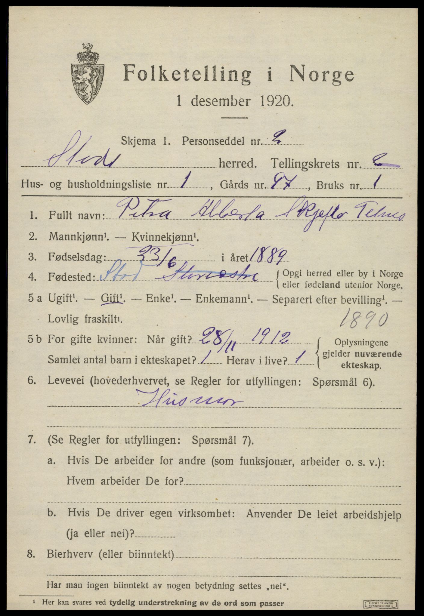 SAT, 1920 census for Stod, 1920, p. 1280