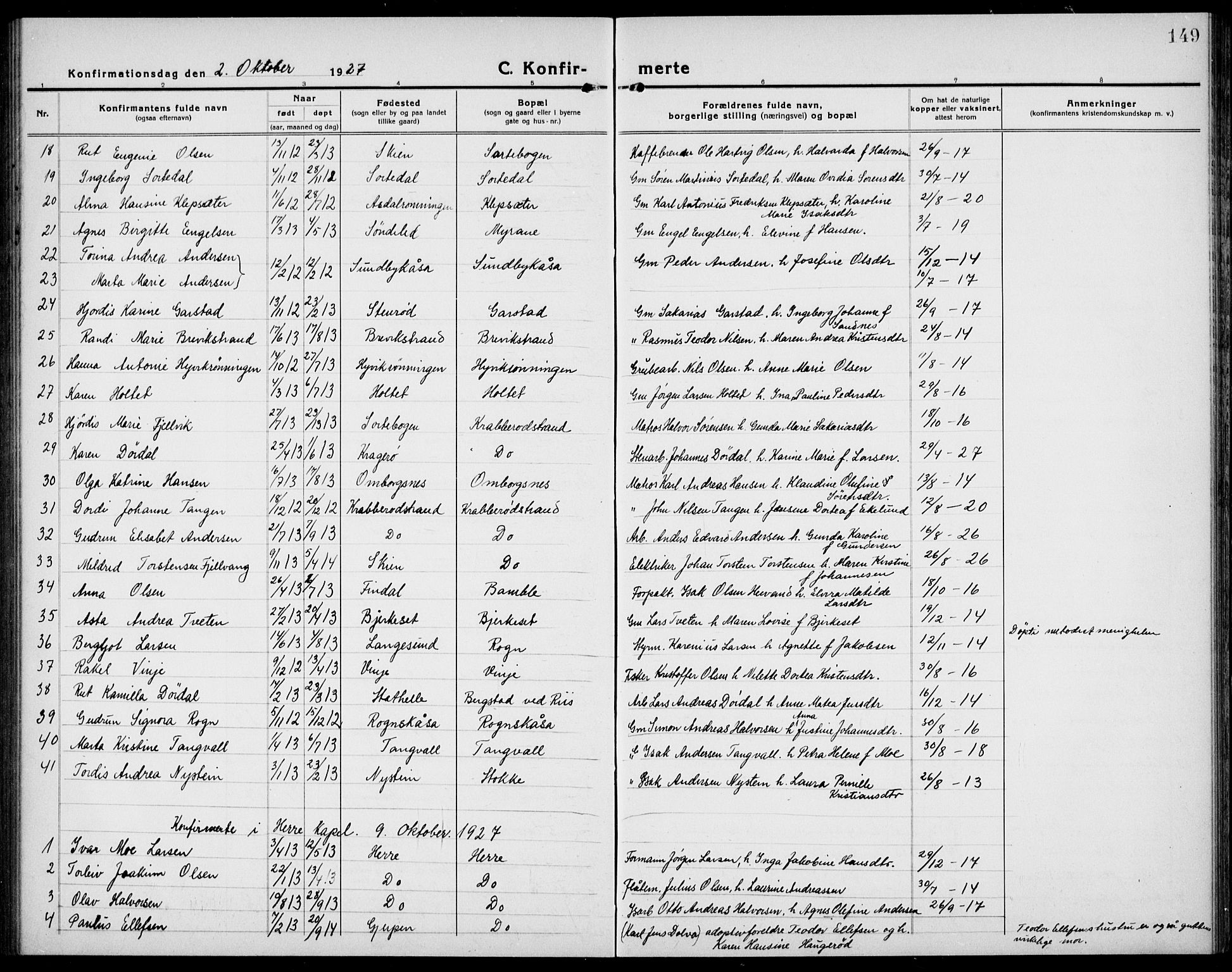 Bamble kirkebøker, SAKO/A-253/G/Ga/L0011: Parish register (copy) no. I 11, 1920-1935, p. 149