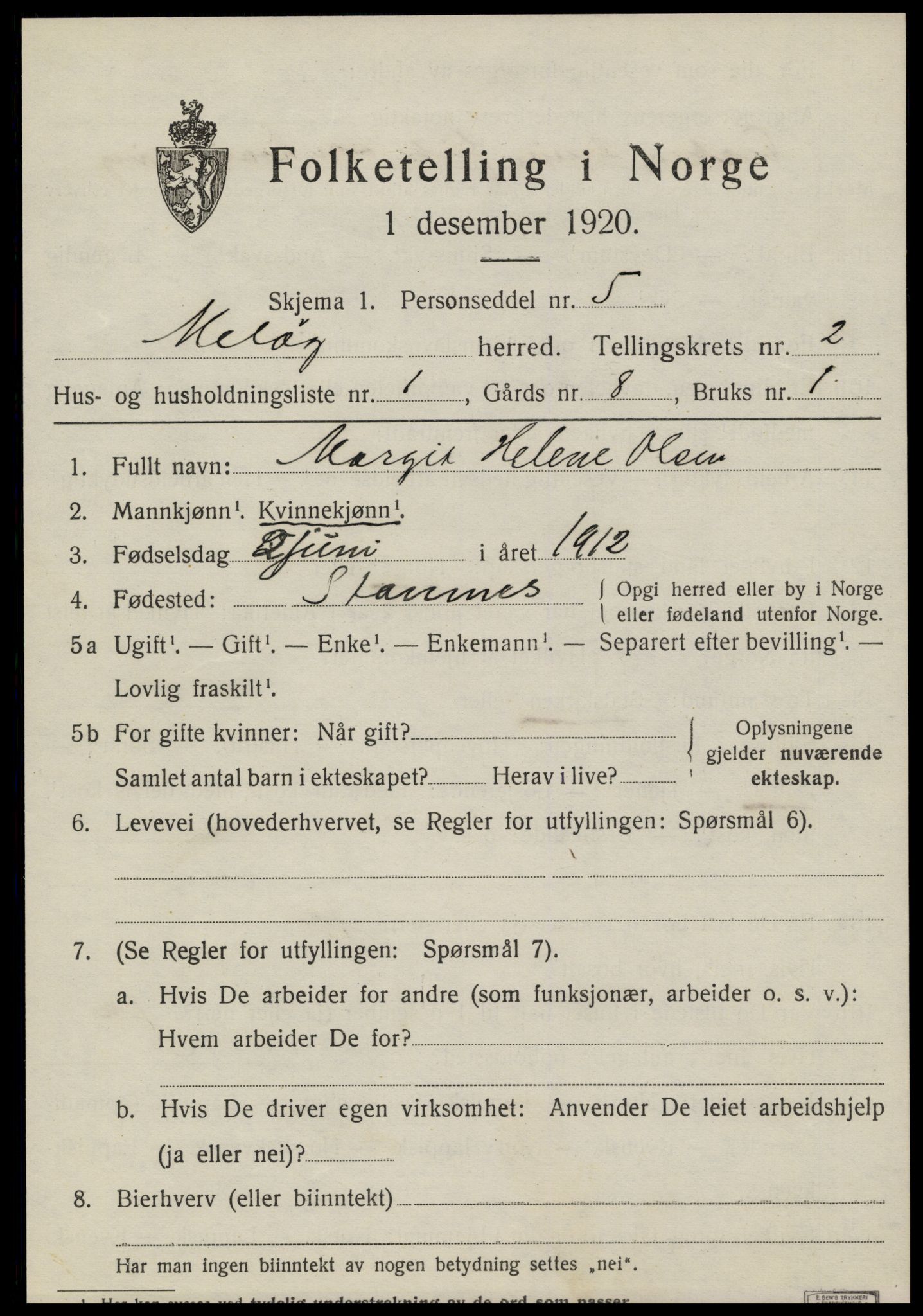 SAT, 1920 census for Meløy, 1920, p. 2135