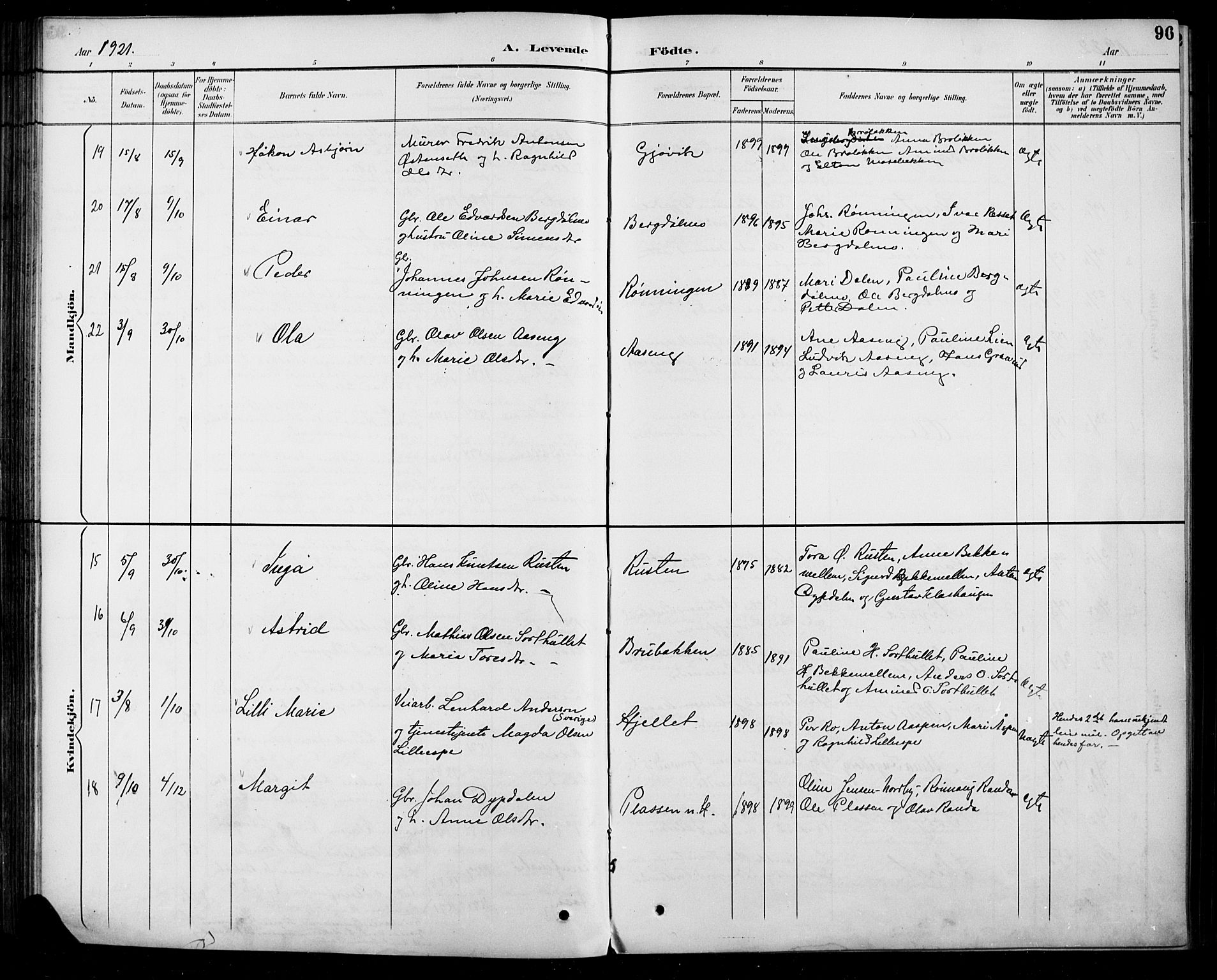 Sel prestekontor, SAH/PREST-074/H/Ha/Hab/L0005: Parish register (copy) no. 5, 1894-1923, p. 96