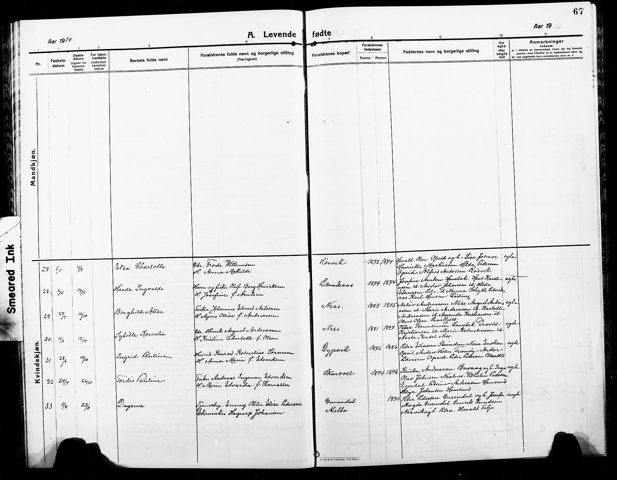 Ministerialprotokoller, klokkerbøker og fødselsregistre - Nordland, SAT/A-1459/859/L0861: Parish register (copy) no. 859C07, 1910-1925, p. 67