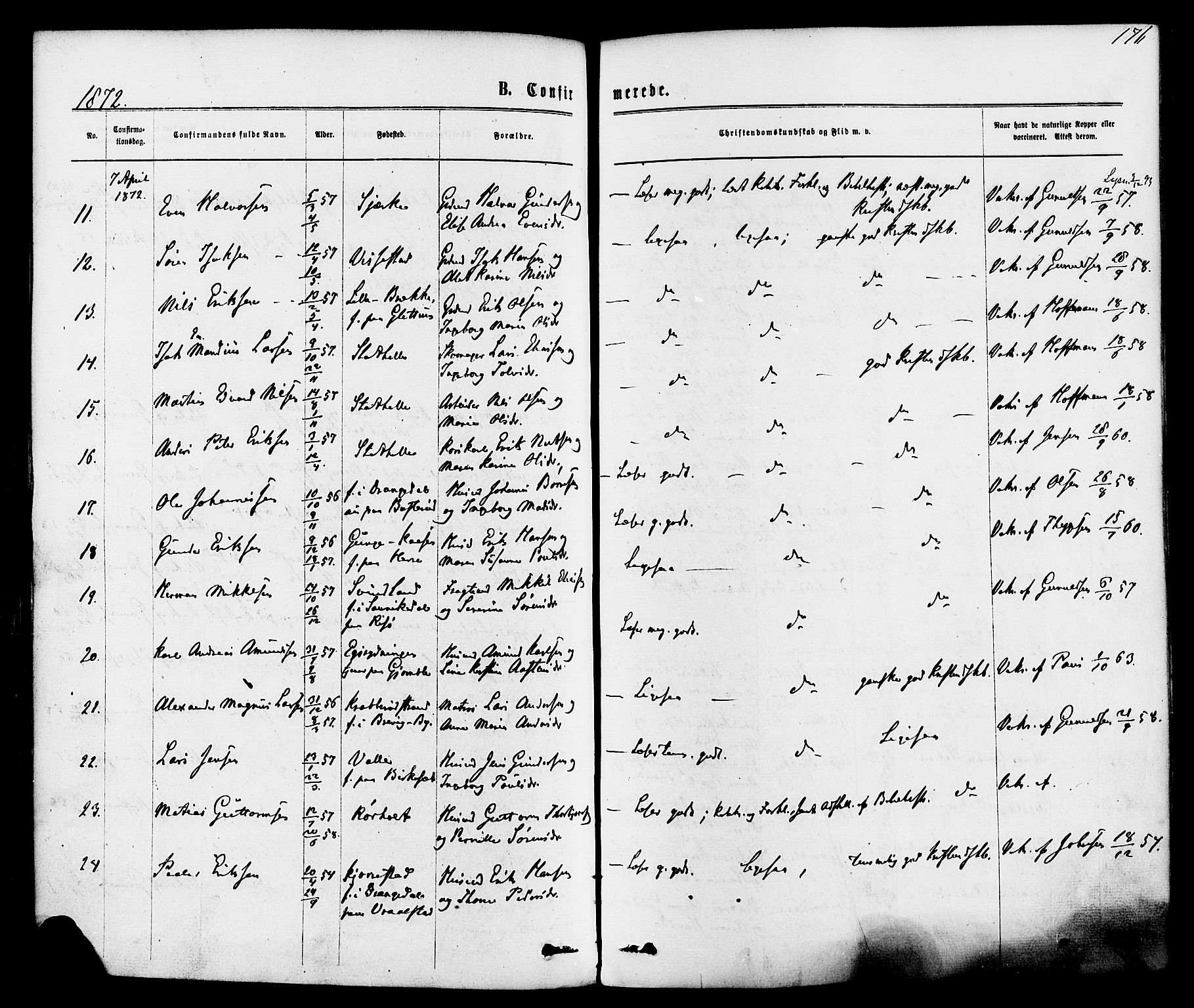 Bamble kirkebøker, SAKO/A-253/F/Fa/L0006: Parish register (official) no. I 6, 1869-1877, p. 176