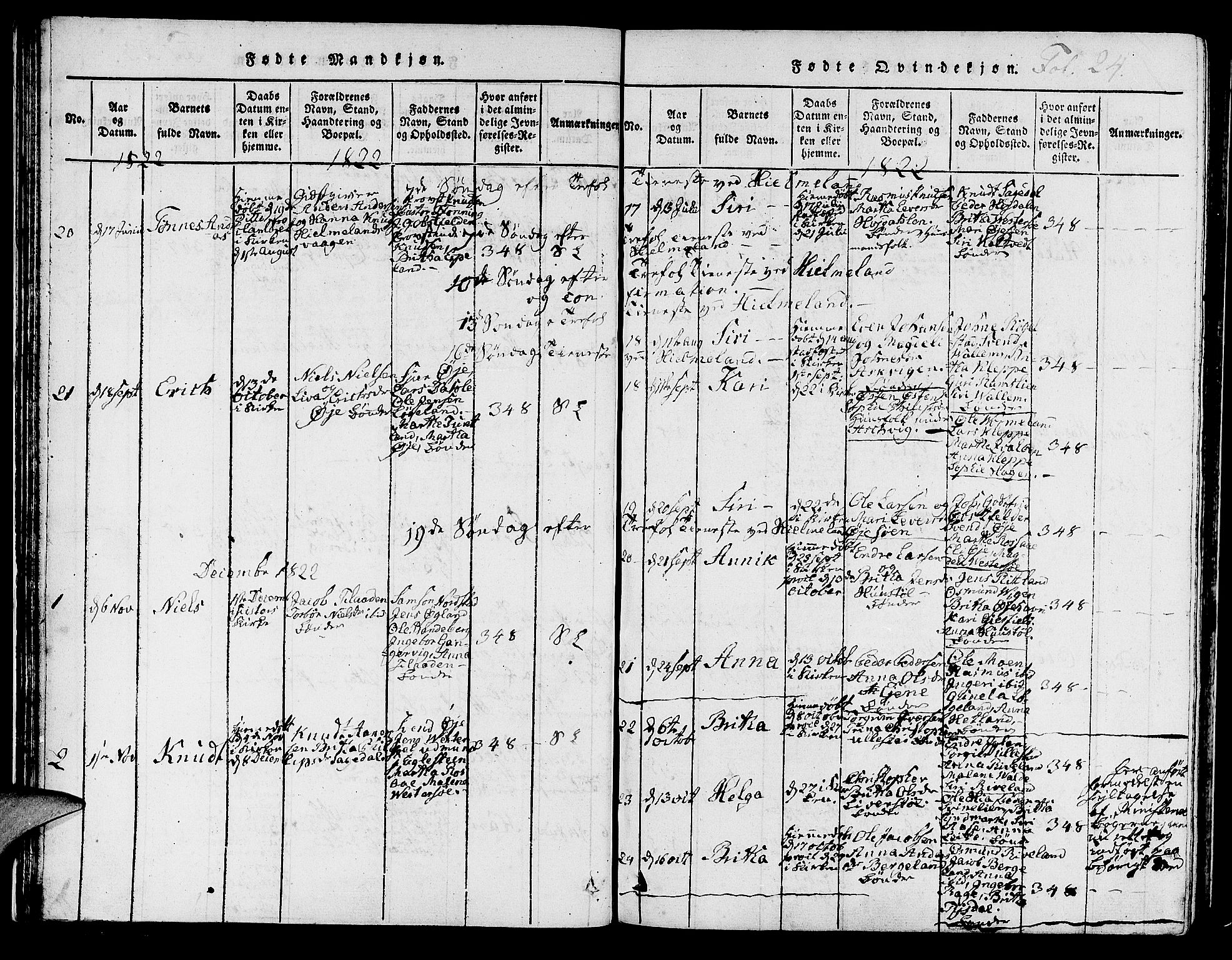 Hjelmeland sokneprestkontor, SAST/A-101843/01/IV/L0003: Parish register (official) no. A 3, 1816-1834, p. 24