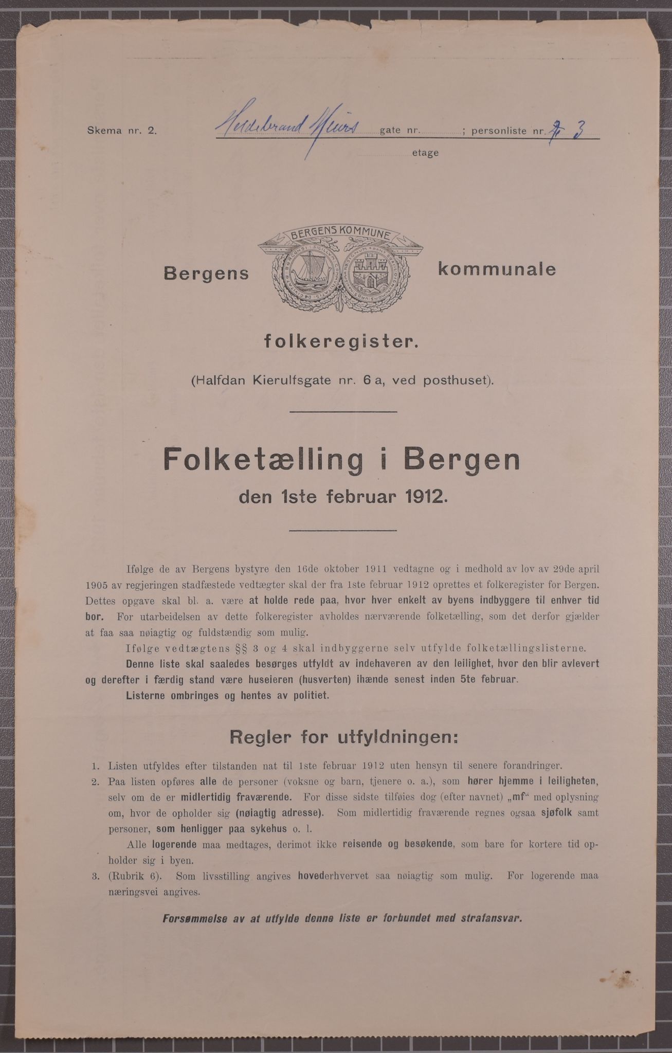 SAB, Municipal Census 1912 for Bergen, 1912, p. 3040