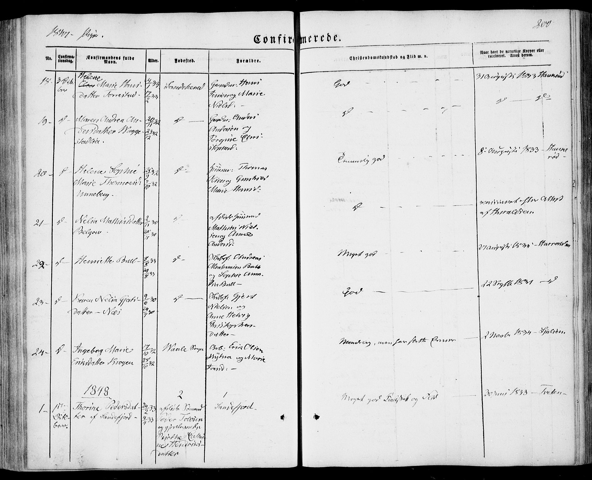 Sandar kirkebøker, SAKO/A-243/F/Fa/L0006: Parish register (official) no. 6, 1847-1860, p. 200