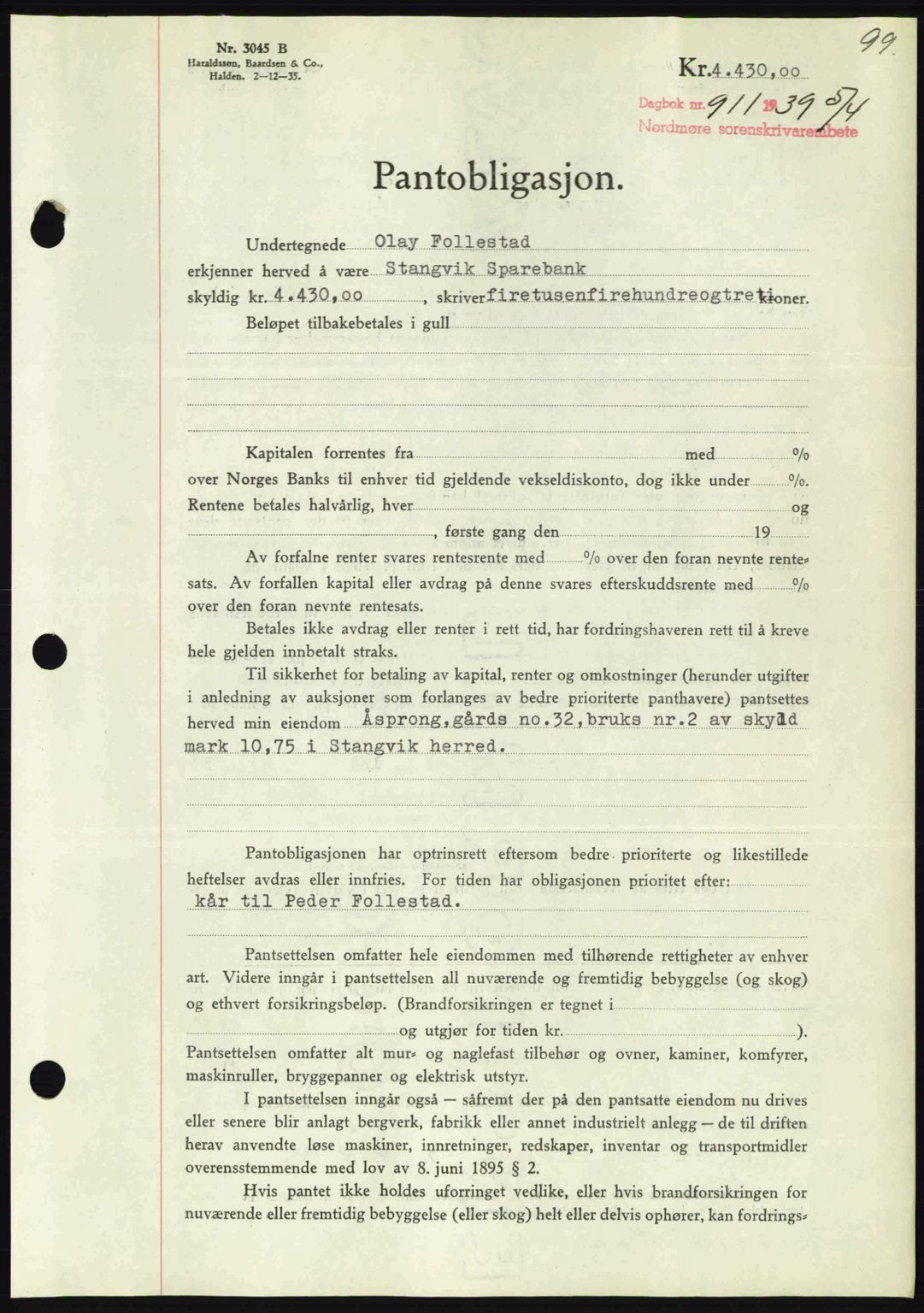 Nordmøre sorenskriveri, AV/SAT-A-4132/1/2/2Ca: Mortgage book no. B85, 1939-1939, Diary no: : 911/1939