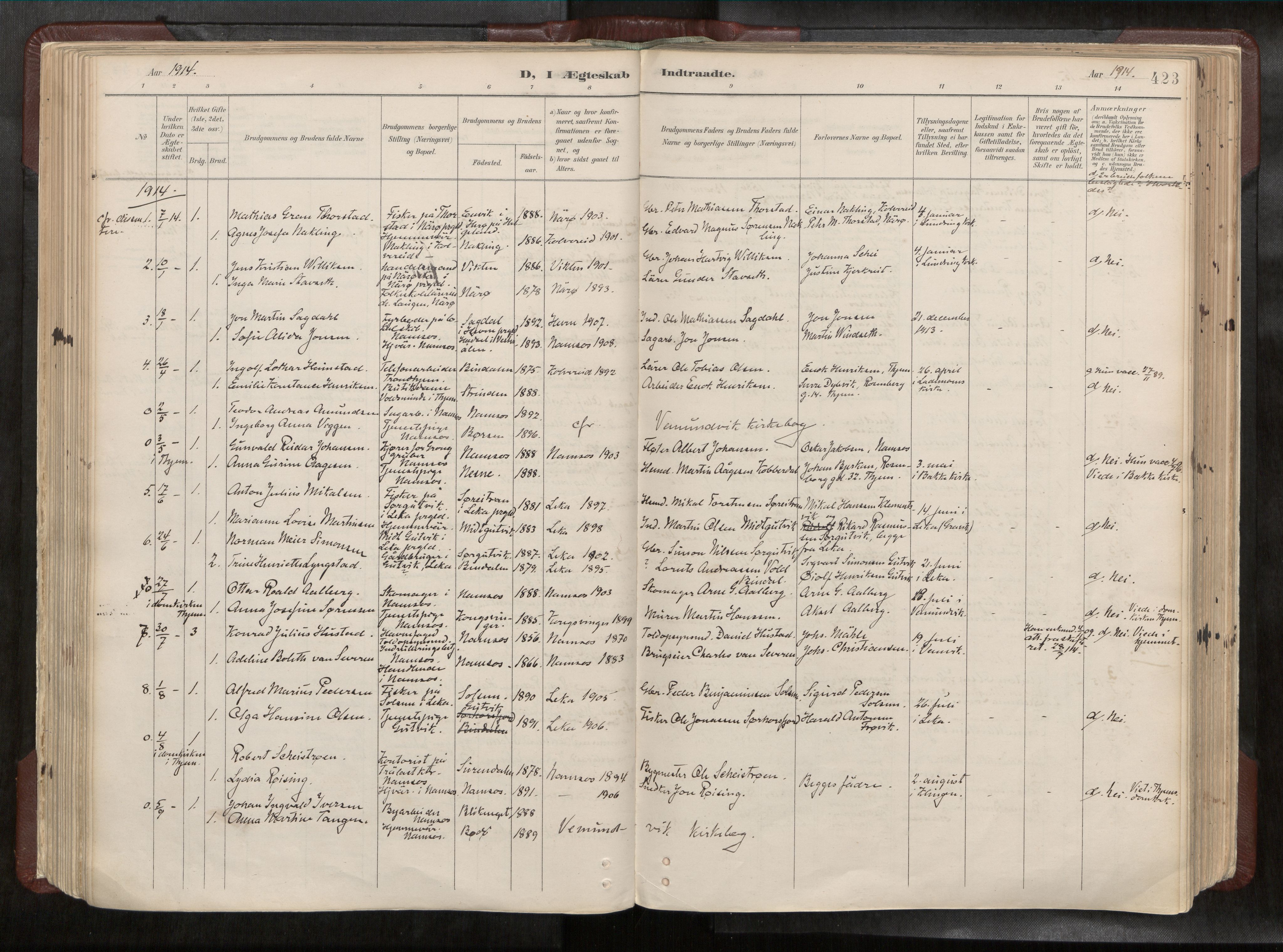 Ministerialprotokoller, klokkerbøker og fødselsregistre - Nord-Trøndelag, SAT/A-1458/768/L0579a: Parish register (official) no. 768A14, 1887-1931, p. 423