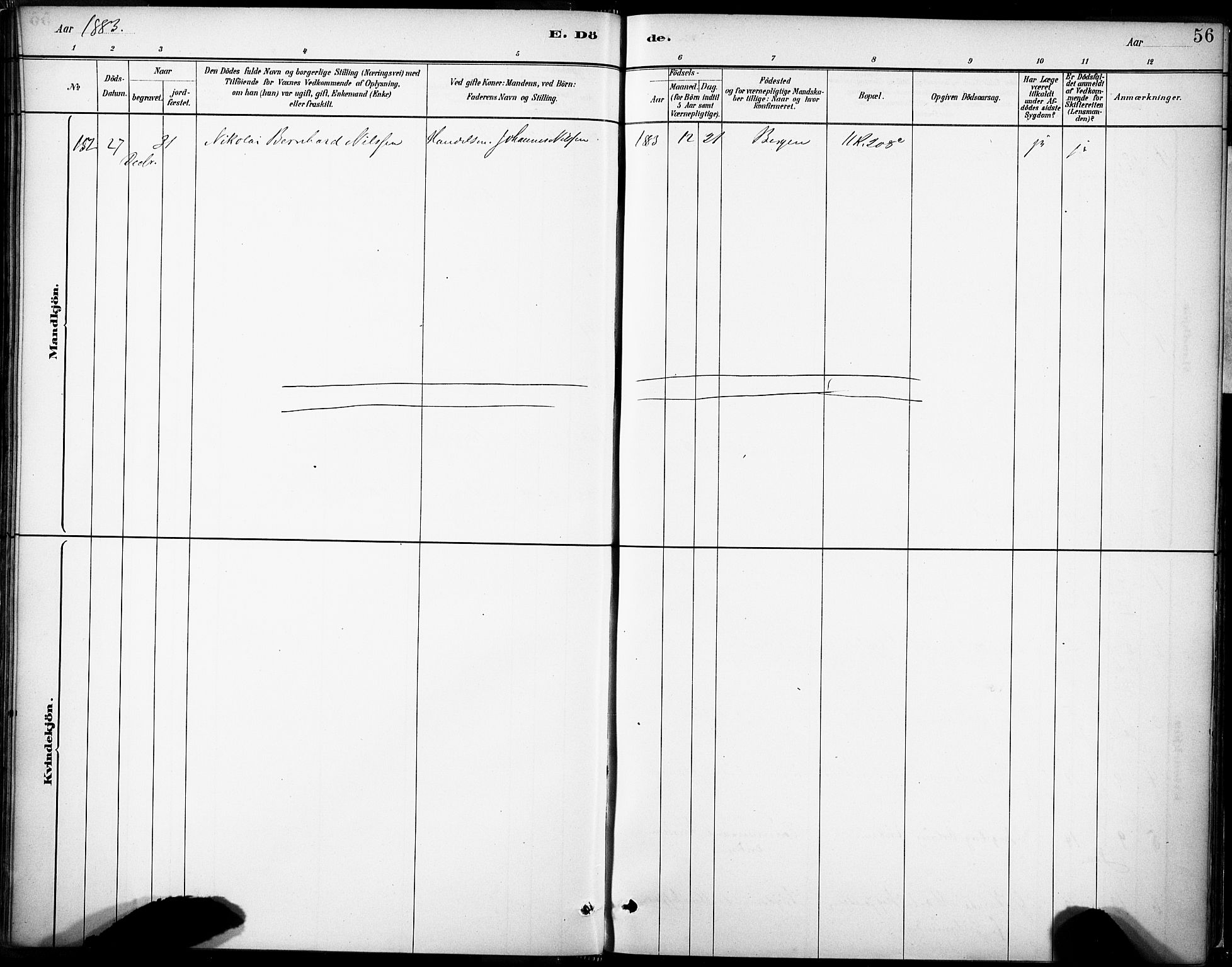 Domkirken sokneprestembete, AV/SAB-A-74801/H/Haa/L0043: Parish register (official) no. E 5, 1882-1904, p. 56