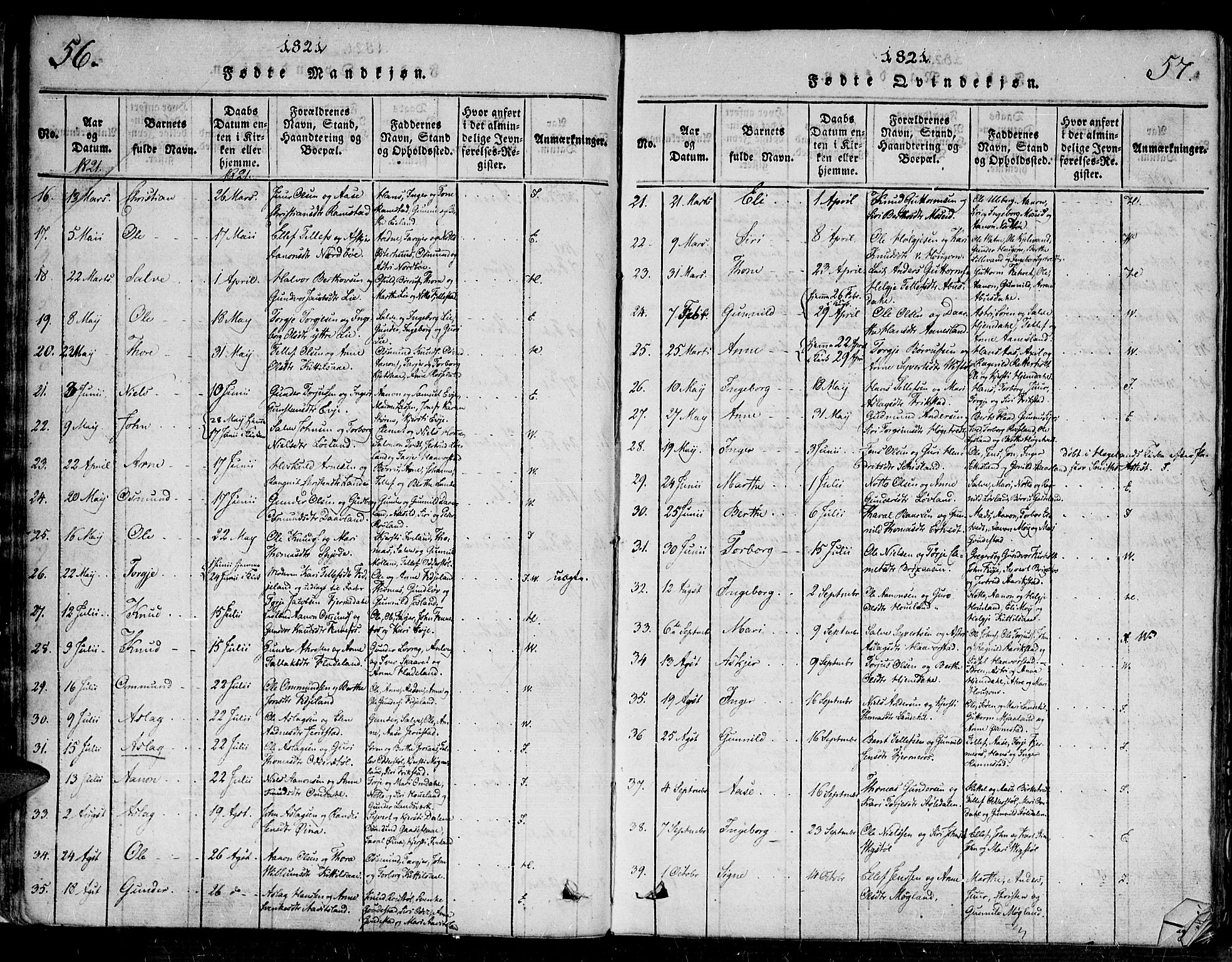 Evje sokneprestkontor, SAK/1111-0008/F/Fa/Faa/L0004: Parish register (official) no. A 4, 1816-1840, p. 56-57