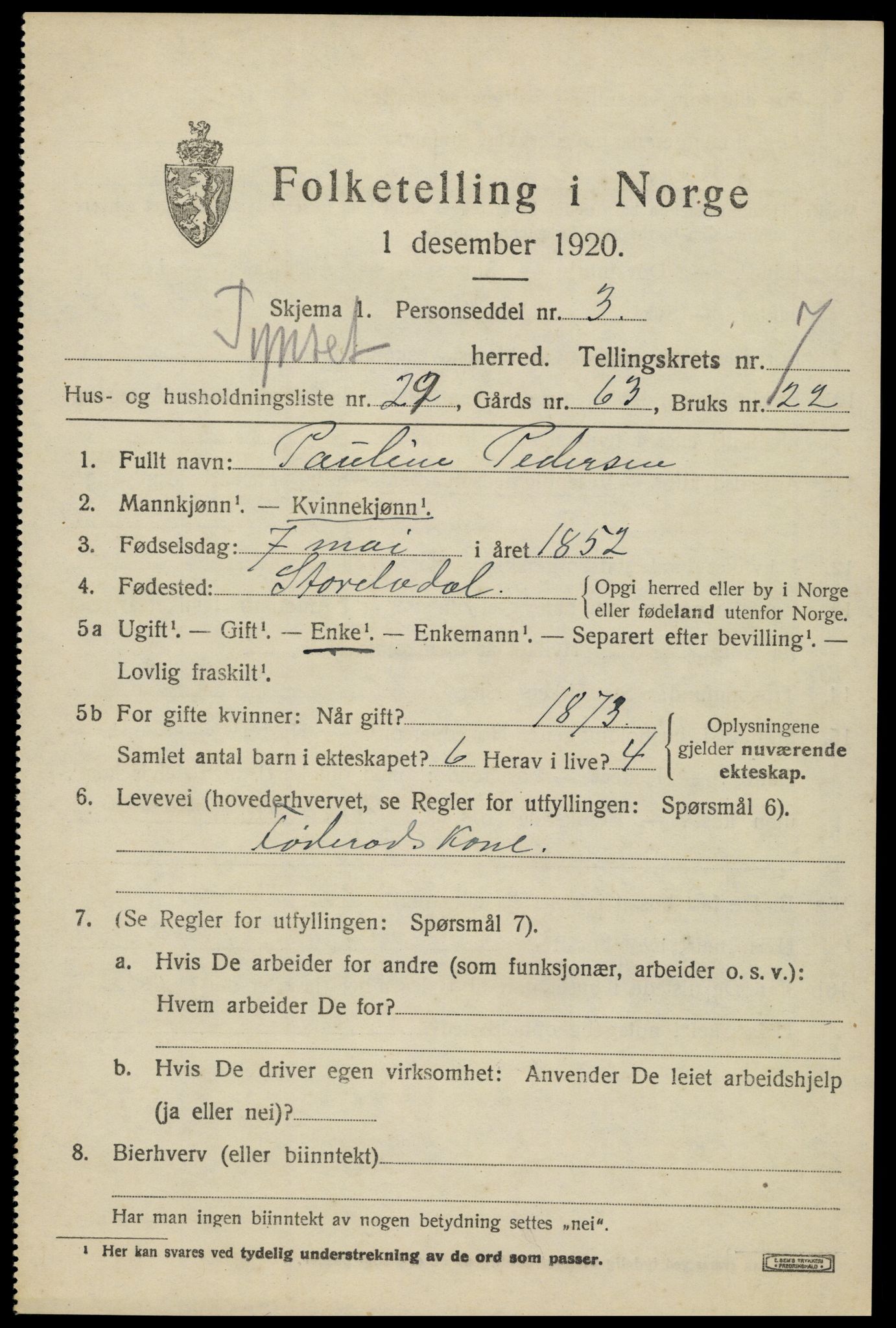 SAH, 1920 census for Tynset, 1920, p. 6498