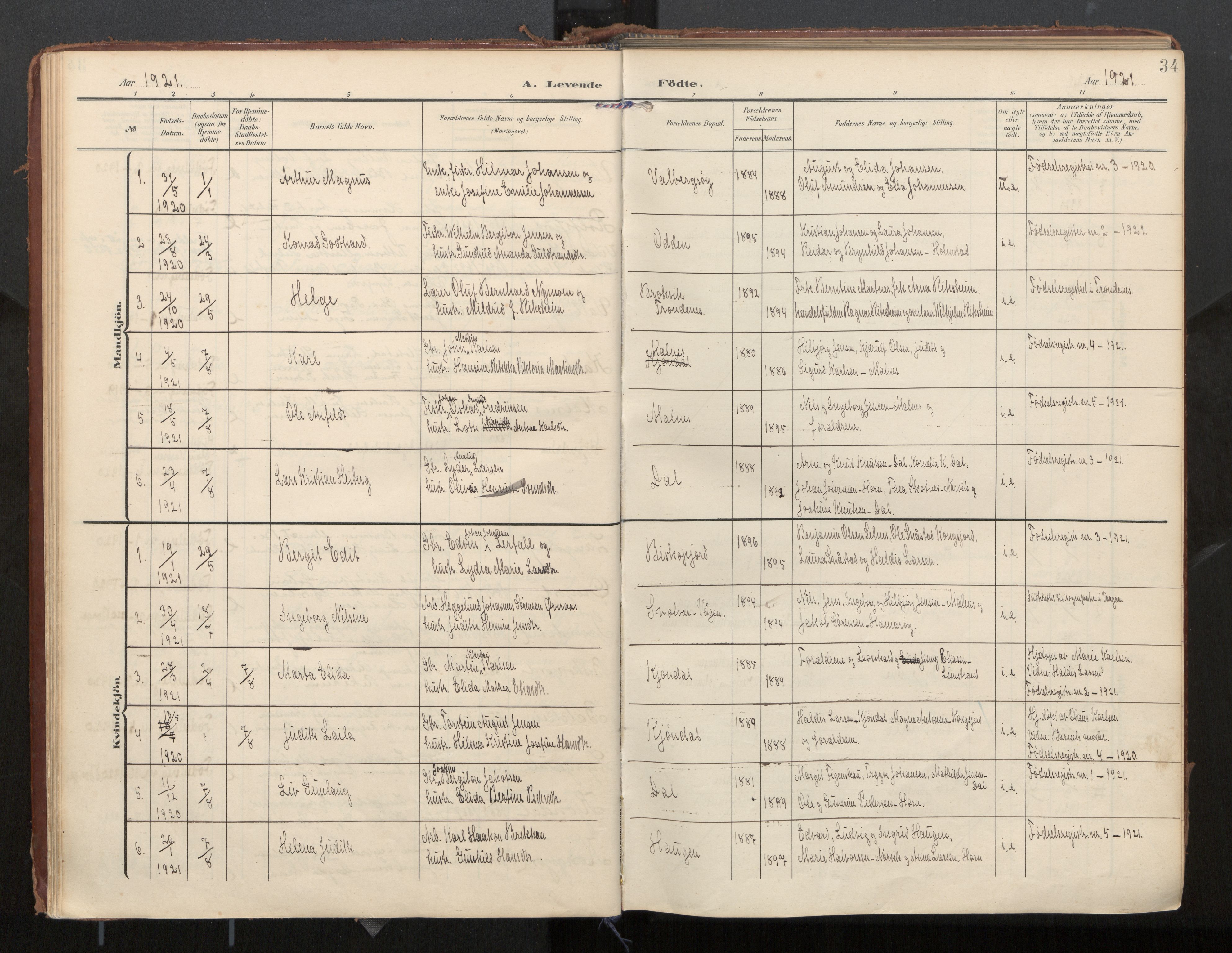 Ministerialprotokoller, klokkerbøker og fødselsregistre - Nordland, SAT/A-1459/884/L1194: Parish register (official) no. 884A02, 1906-1937, p. 34