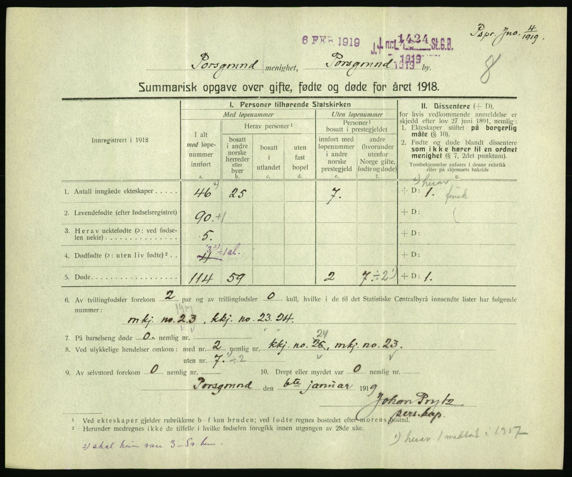 Statistisk sentralbyrå, Sosiodemografiske emner, Befolkning, RA/S-2228/D/Df/Dfb/Dfbh/L0059: Summariske oppgaver over gifte, fødte og døde for hele landet., 1918, p. 601