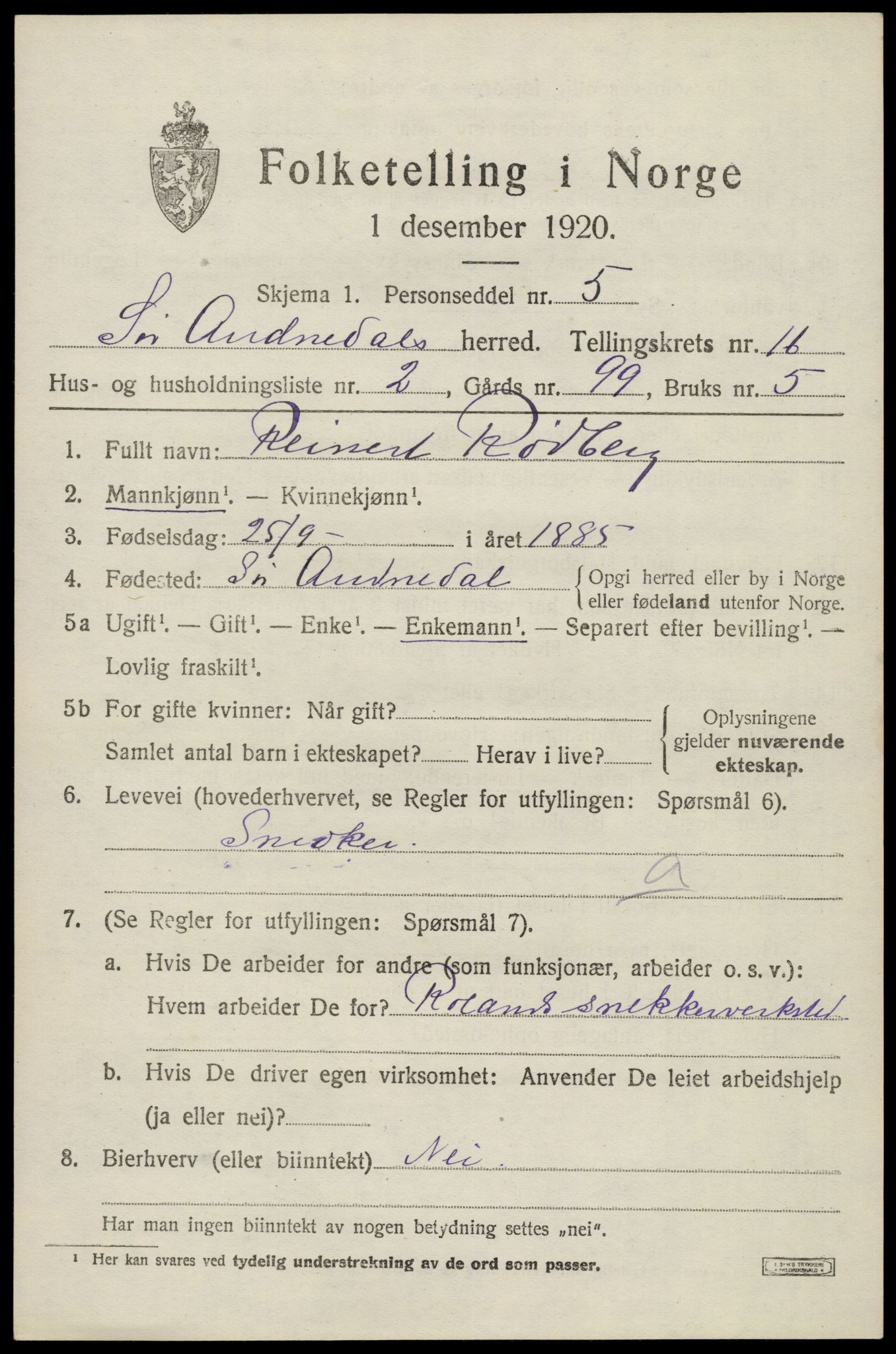 SAK, 1920 census for Sør-Audnedal, 1920, p. 5937