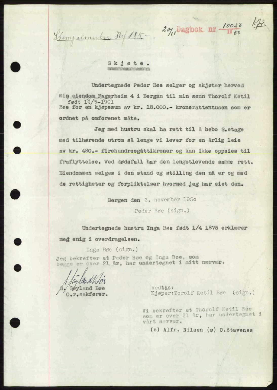 Byfogd og Byskriver i Bergen, SAB/A-3401/03/03Bc/L0034: Mortgage book no. A27-28, 1950-1950, Diary no: : 10023/1950
