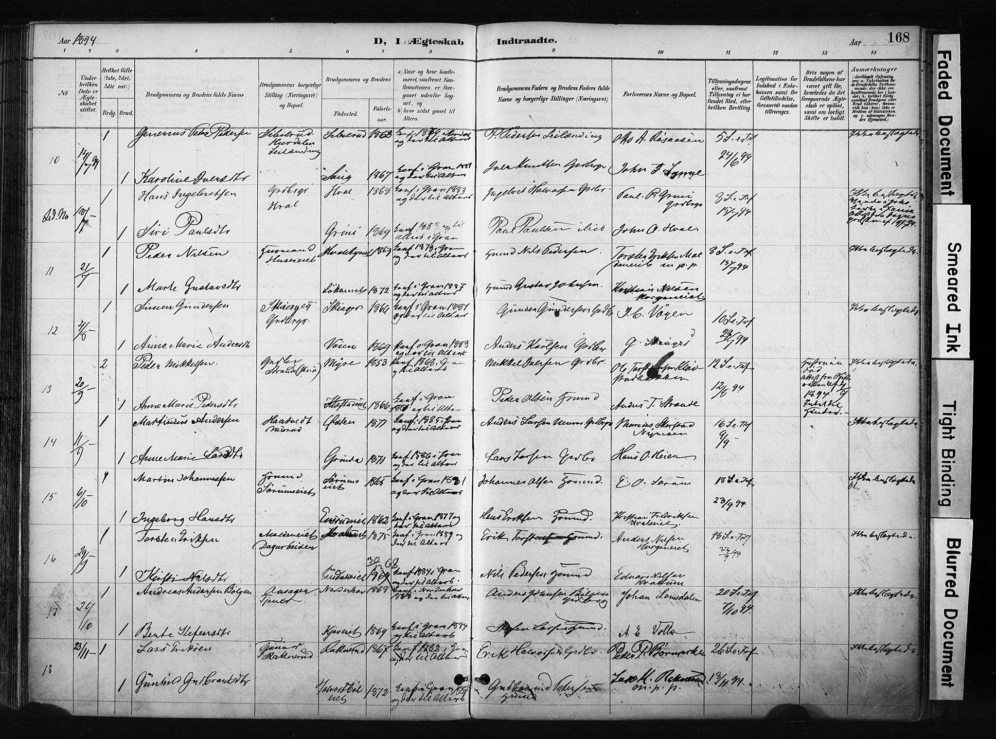 Gran prestekontor, SAH/PREST-112/H/Ha/Haa/L0017: Parish register (official) no. 17, 1889-1897, p. 168