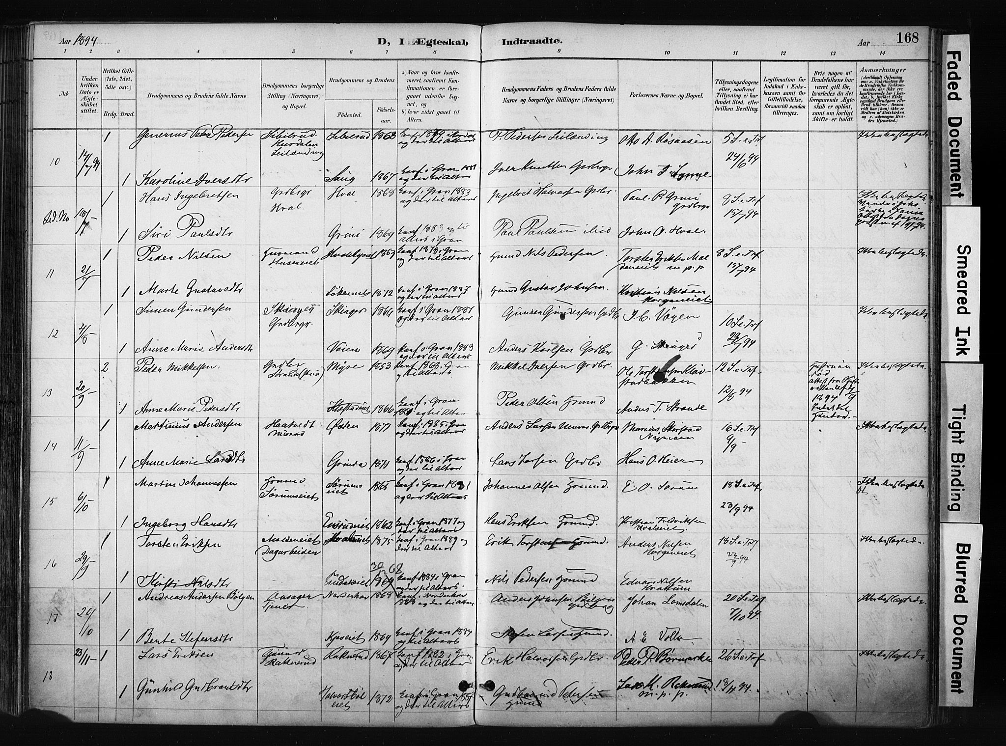 Gran prestekontor, AV/SAH-PREST-112/H/Ha/Haa/L0017: Parish register (official) no. 17, 1889-1897, p. 168