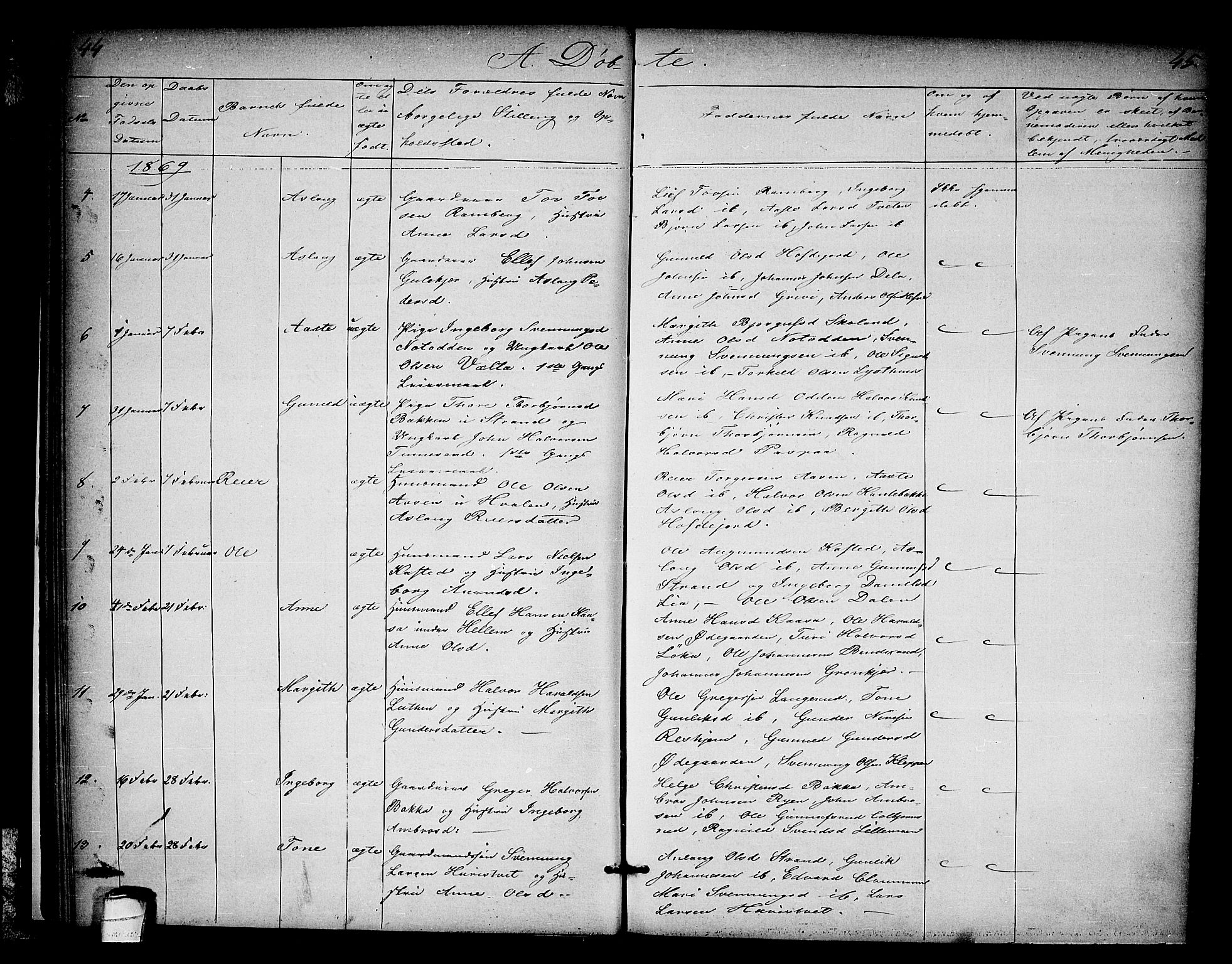 Heddal kirkebøker, SAKO/A-268/G/Ga/L0001: Parish register (copy) no. I 1, 1866-1878, p. 44-45