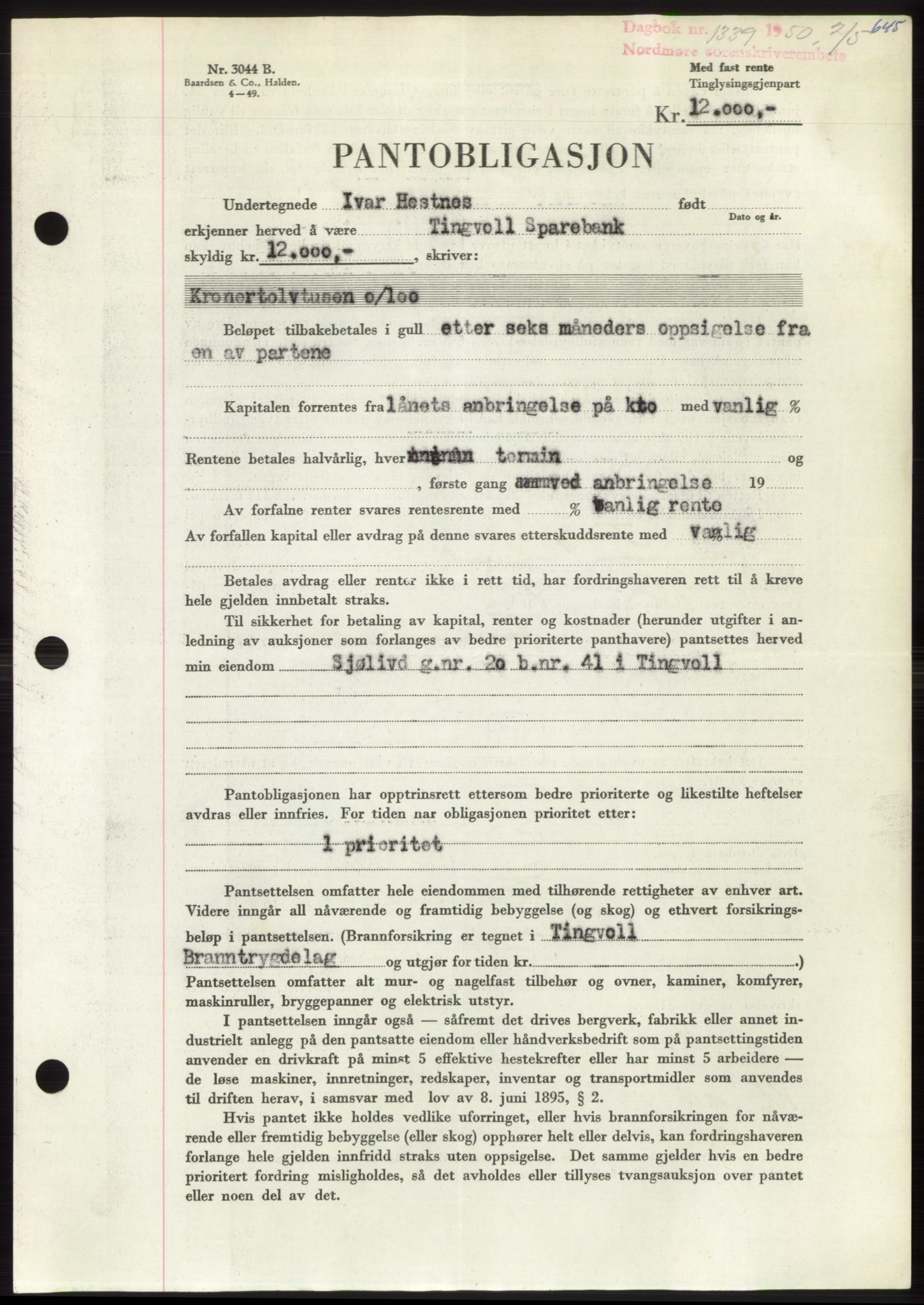 Nordmøre sorenskriveri, AV/SAT-A-4132/1/2/2Ca: Mortgage book no. B104, 1950-1950, Diary no: : 1339/1950