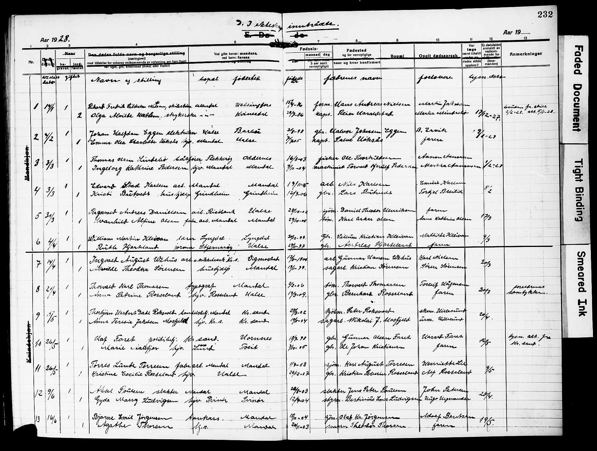 Mandal sokneprestkontor, AV/SAK-1111-0030/F/Fb/Fbc/L0001: Parish register (copy) no. B 1, 1918-1931, p. 232