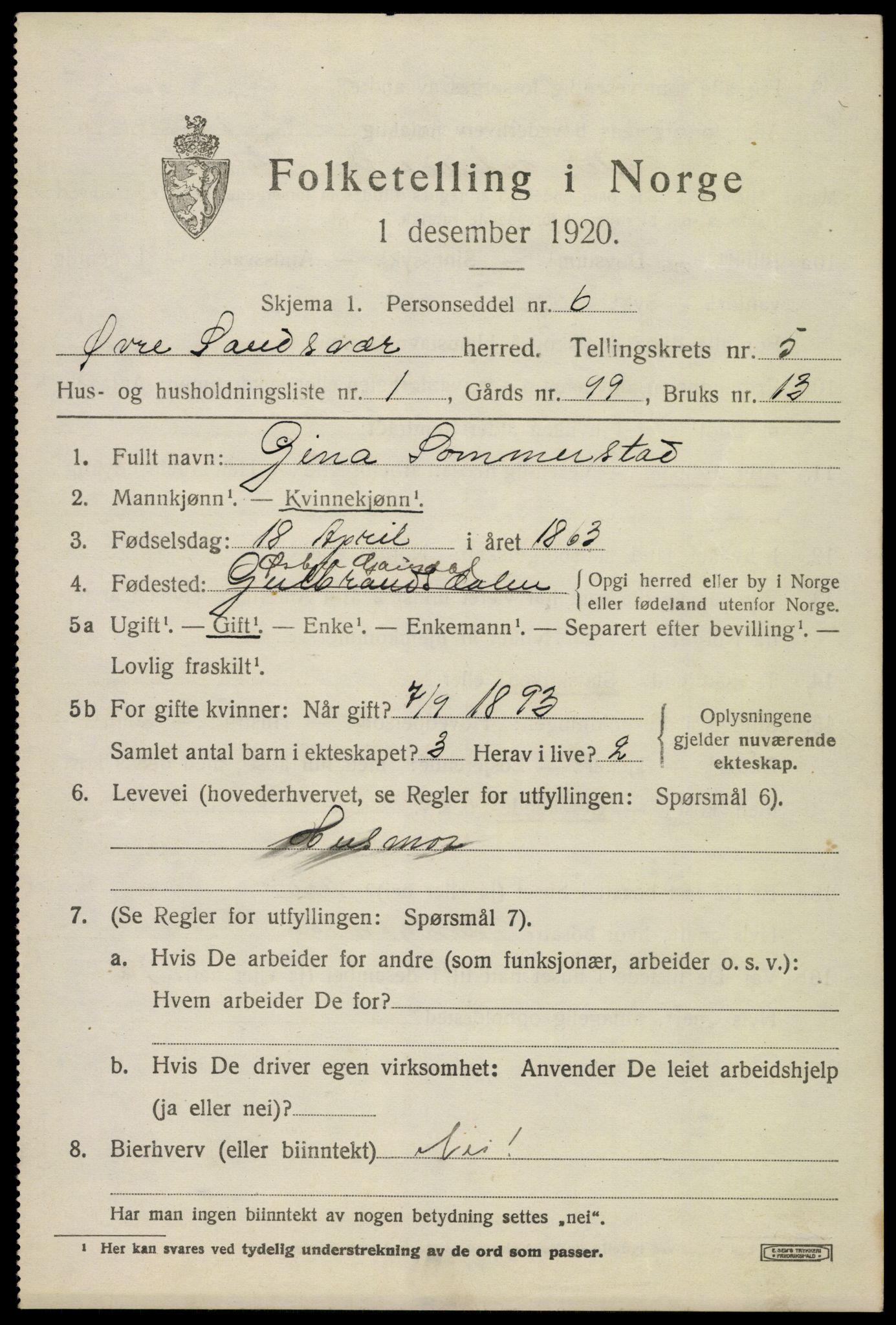 SAKO, 1920 census for Øvre Sandsvær, 1920, p. 2848