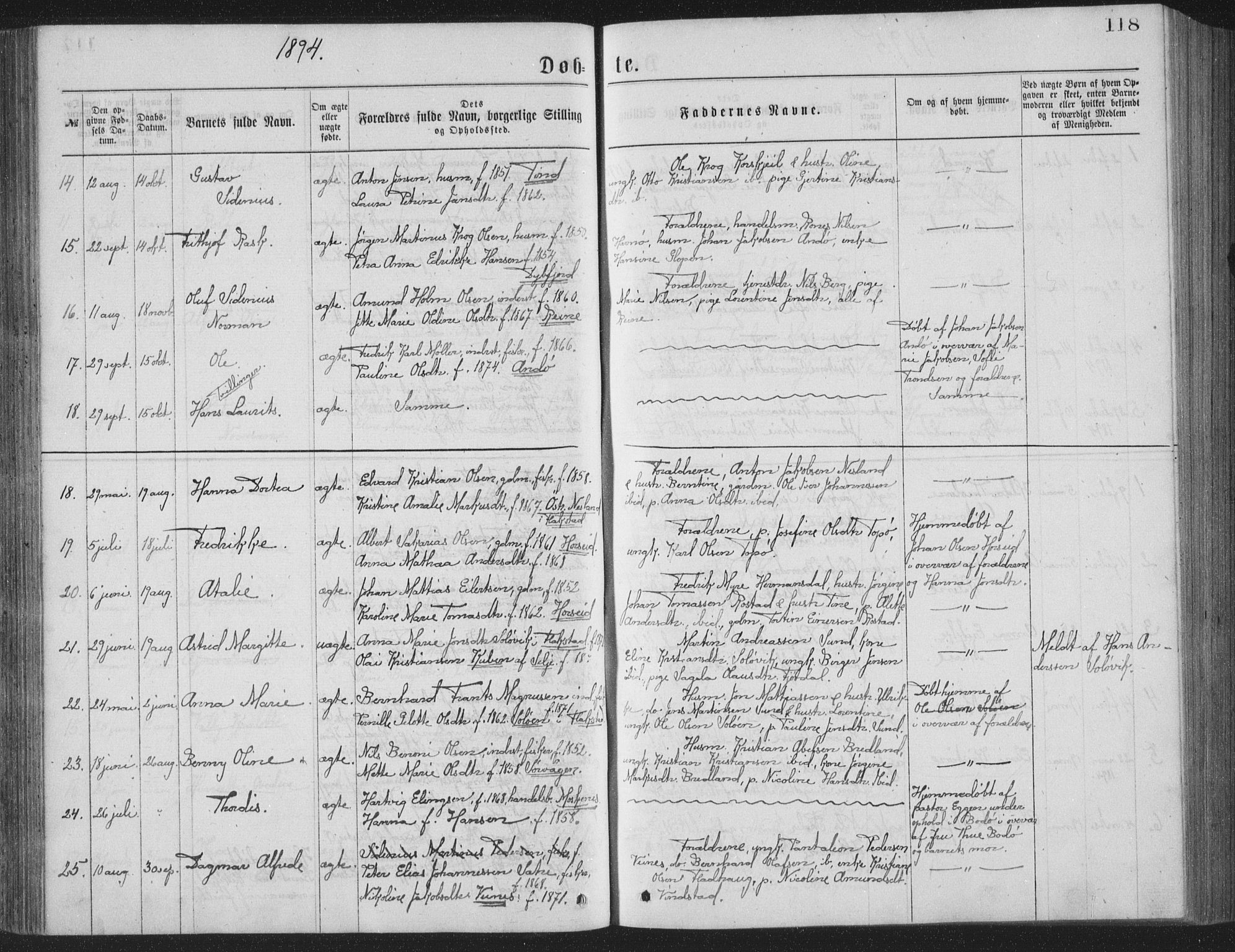 Ministerialprotokoller, klokkerbøker og fødselsregistre - Nordland, AV/SAT-A-1459/886/L1225: Parish register (copy) no. 886C02, 1874-1896, p. 118