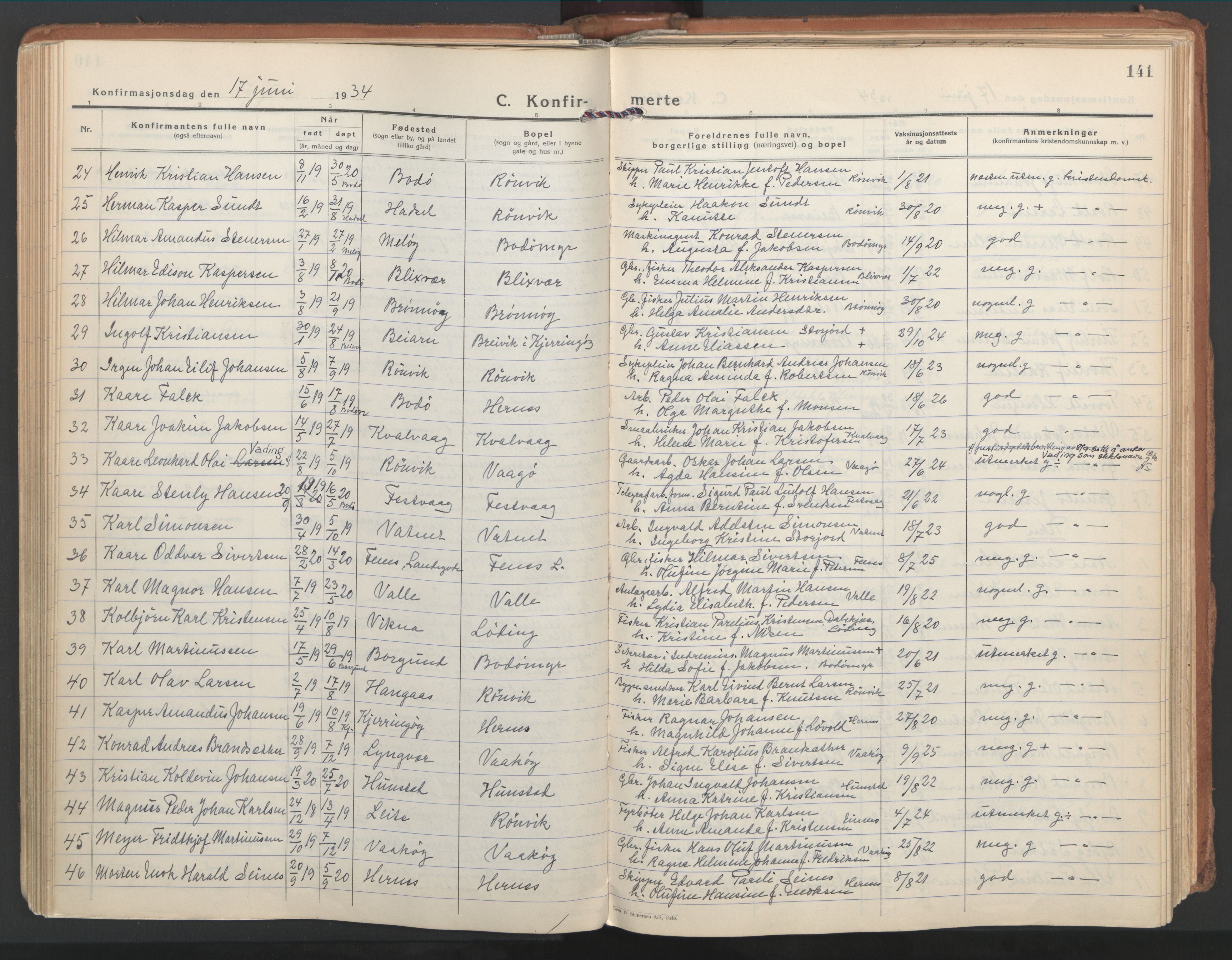 Ministerialprotokoller, klokkerbøker og fødselsregistre - Nordland, SAT/A-1459/802/L0061: Parish register (official) no. 802A08, 1933-1946, p. 141