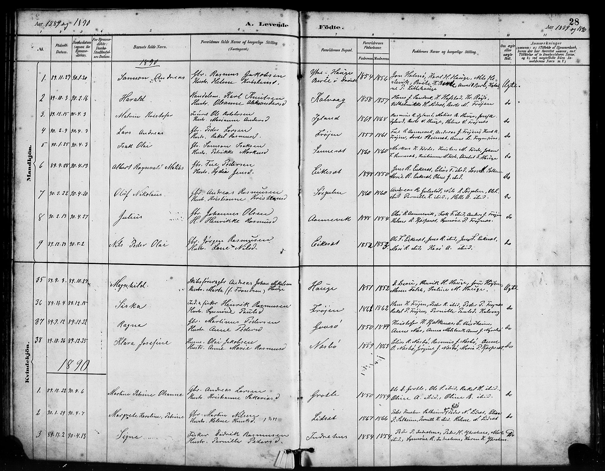 Bremanger sokneprestembete, SAB/A-82201/H/Haa/Haab/L0001: Parish register (official) no. B 1, 1884-1895, p. 28