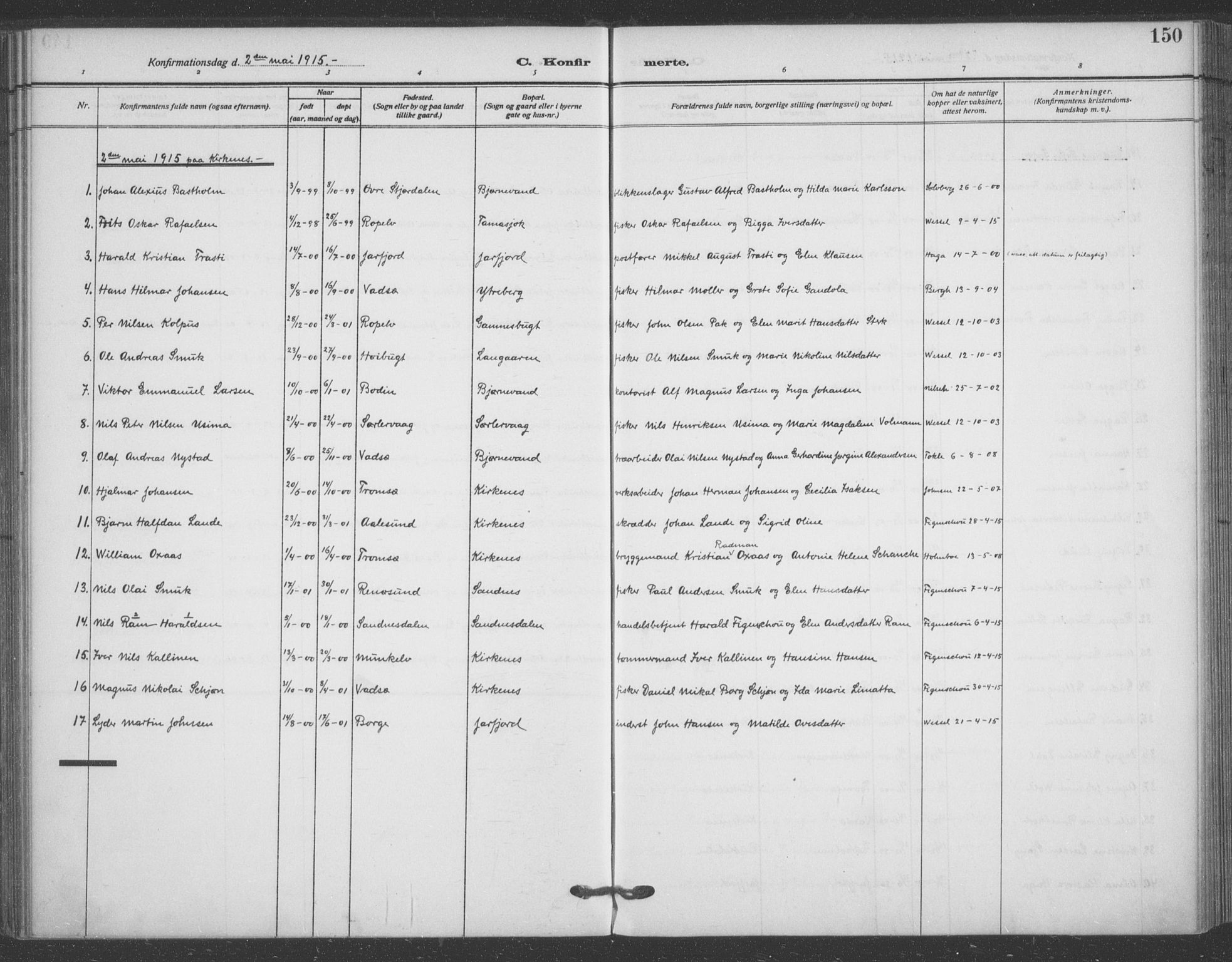 Sør-Varanger sokneprestkontor, AV/SATØ-S-1331/H/Ha/L0005kirke: Parish register (official) no. 5, 1909-1919, p. 150