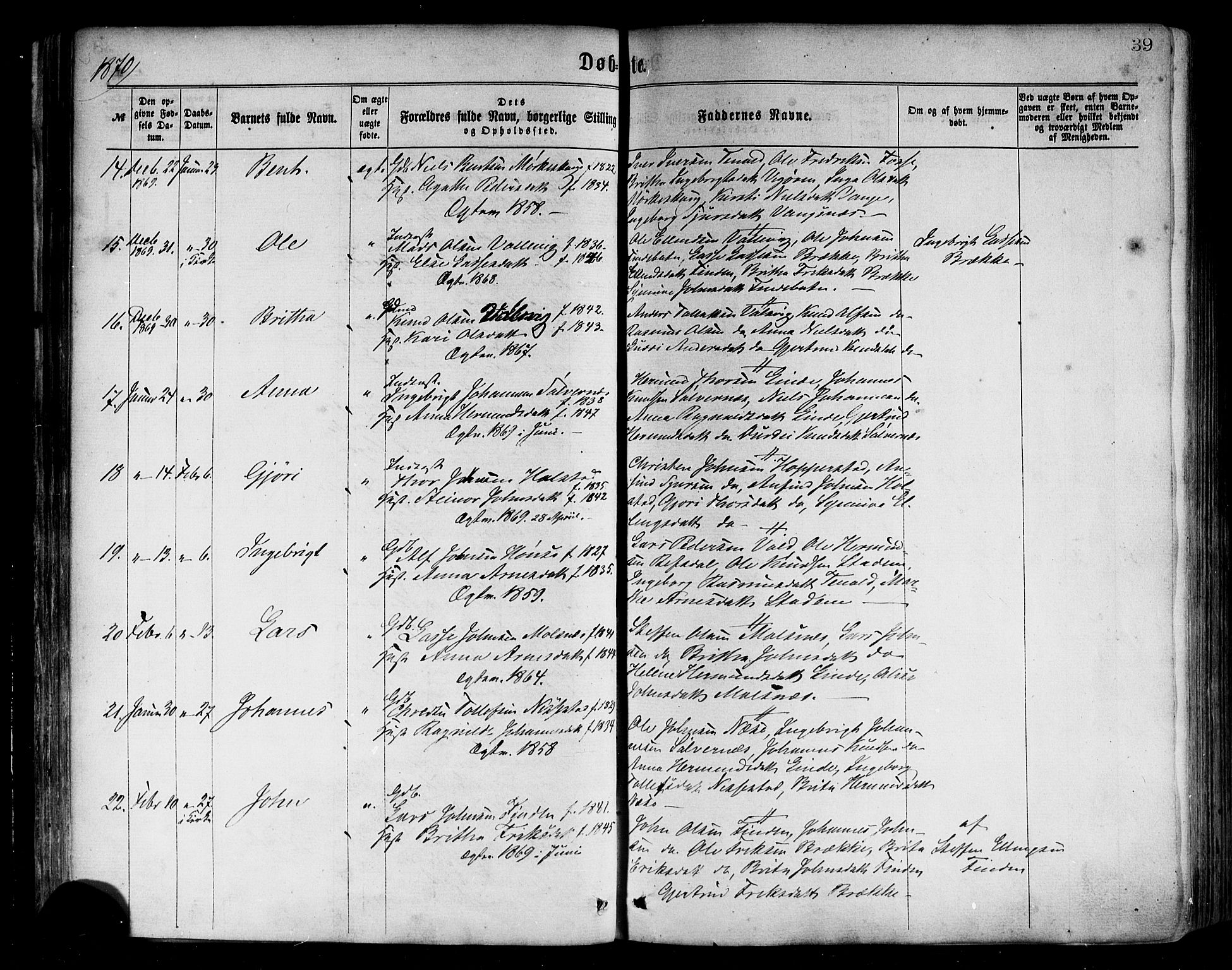 Vik sokneprestembete, SAB/A-81501: Parish register (official) no. A 9, 1866-1877, p. 39