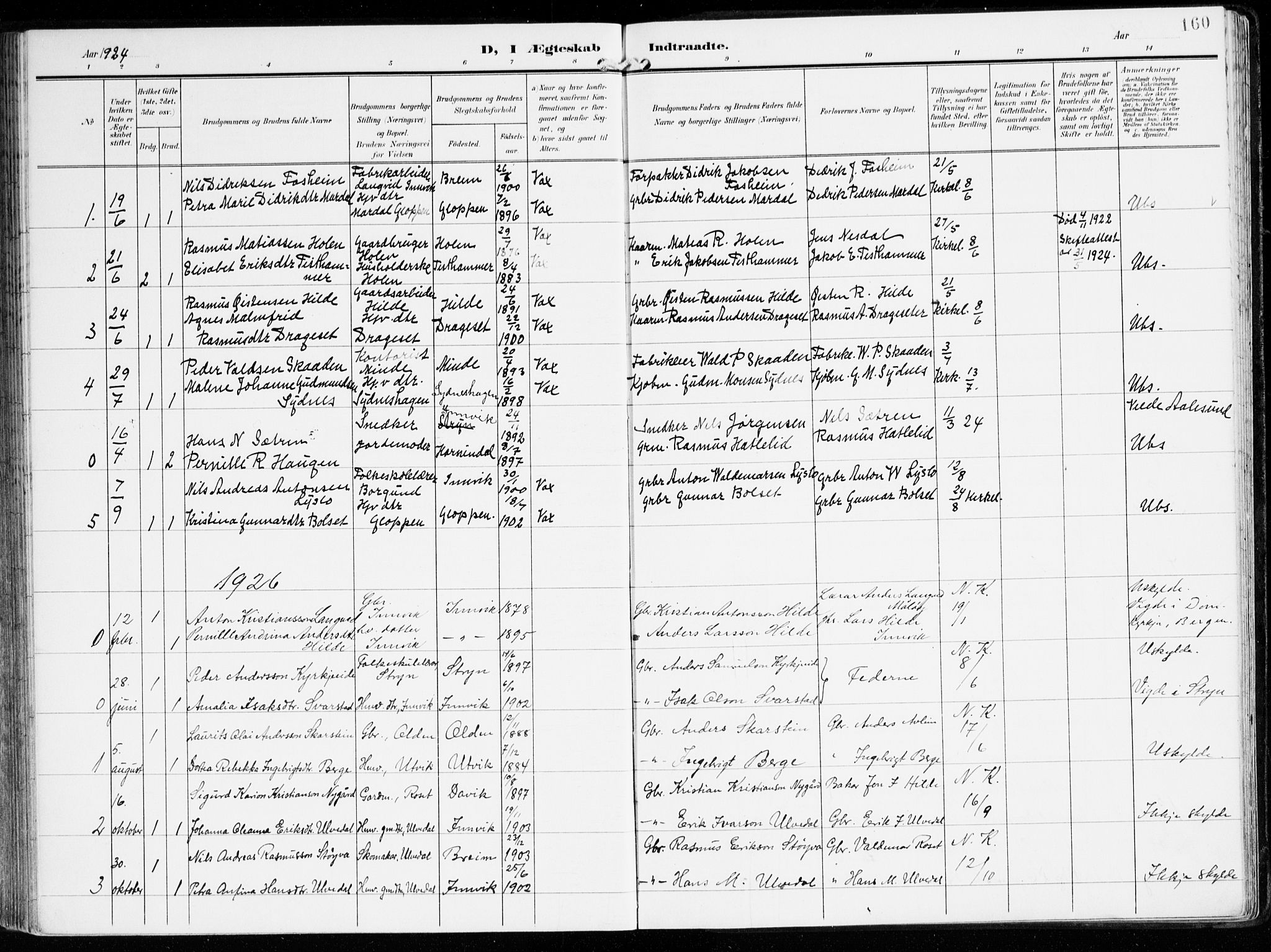 Innvik sokneprestembete, AV/SAB-A-80501: Parish register (official) no. B 2, 1903-1929, p. 160