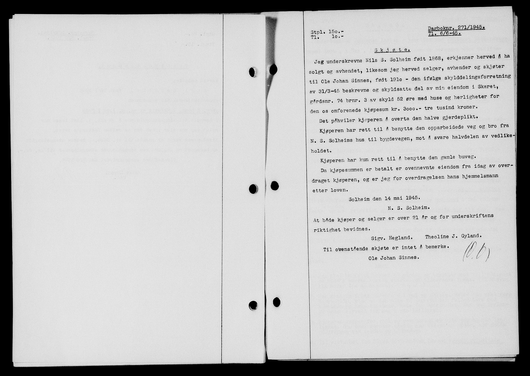Flekkefjord sorenskriveri, SAK/1221-0001/G/Gb/Gba/L0059: Mortgage book no. A-7, 1944-1945, Diary no: : 271/1945