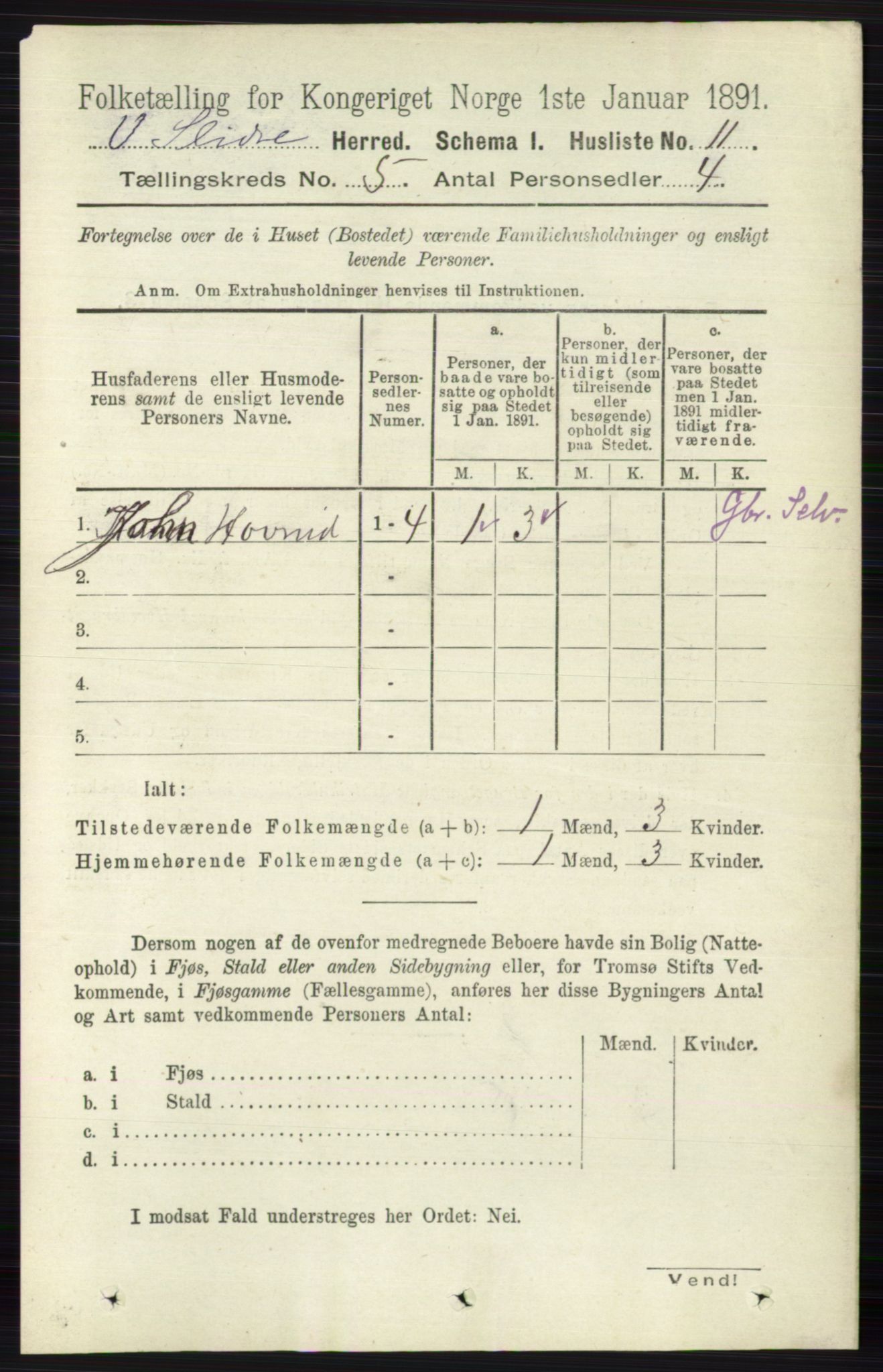 RA, 1891 census for 0543 Vestre Slidre, 1891, p. 1699