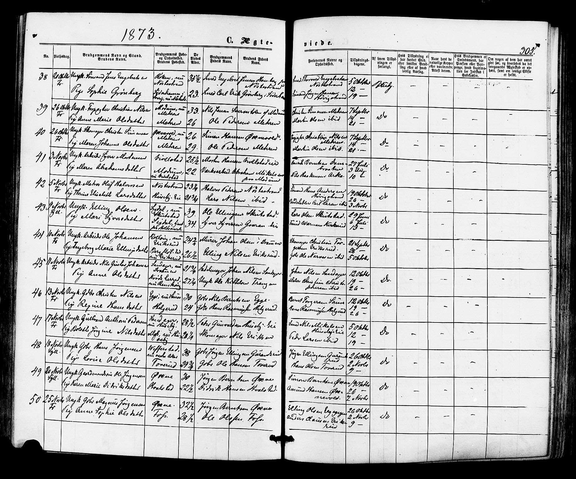 Lier kirkebøker, AV/SAKO-A-230/F/Fa/L0013: Parish register (official) no. I 13, 1865-1874, p. 305