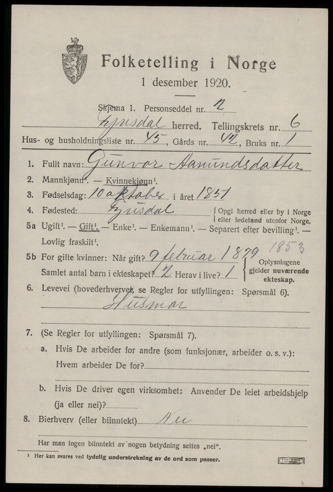 SAKO, 1920 census for Fyresdal, 1920, p. 2669