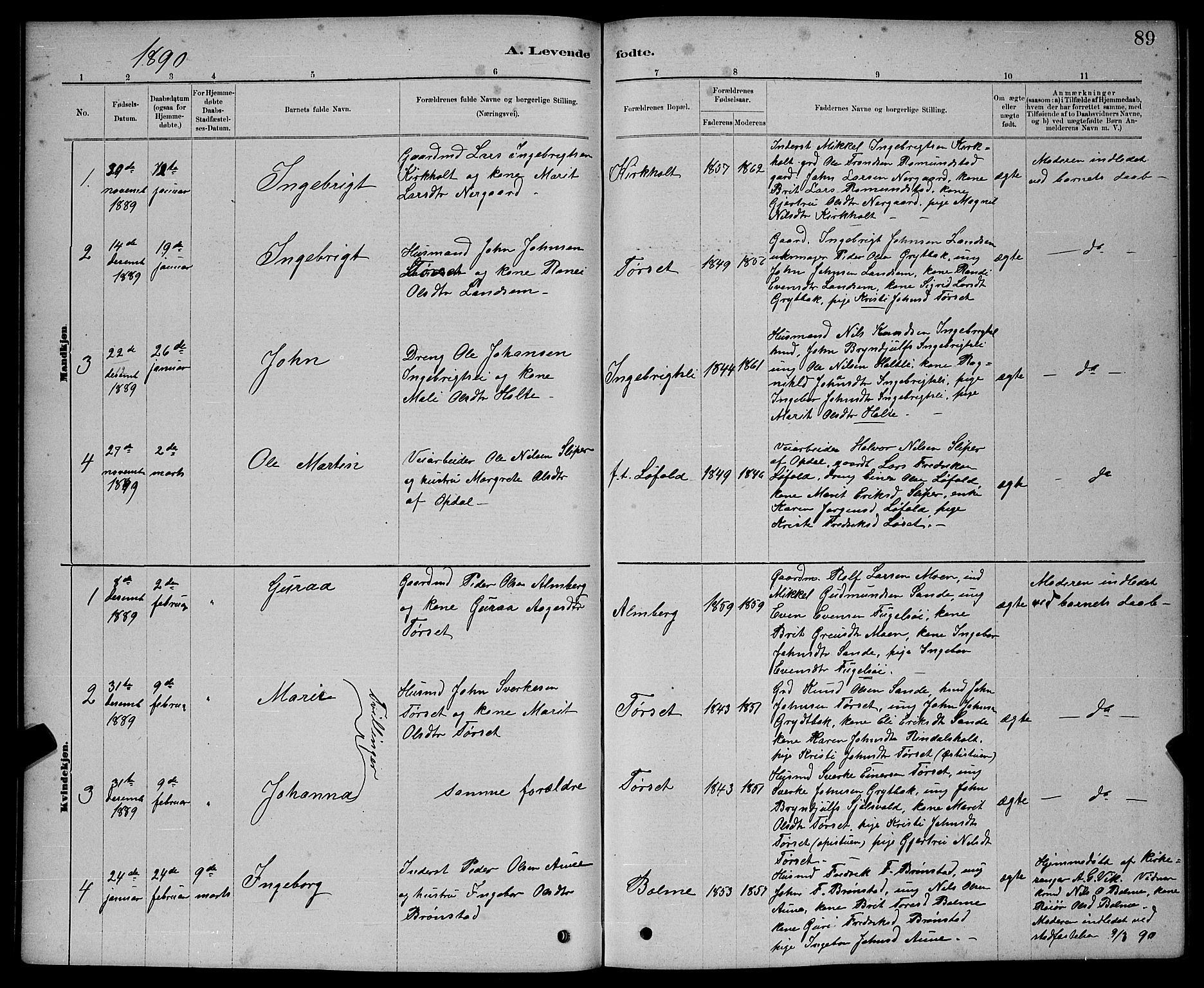 Ministerialprotokoller, klokkerbøker og fødselsregistre - Møre og Romsdal, AV/SAT-A-1454/598/L1077: Parish register (copy) no. 598C02, 1879-1891, p. 89