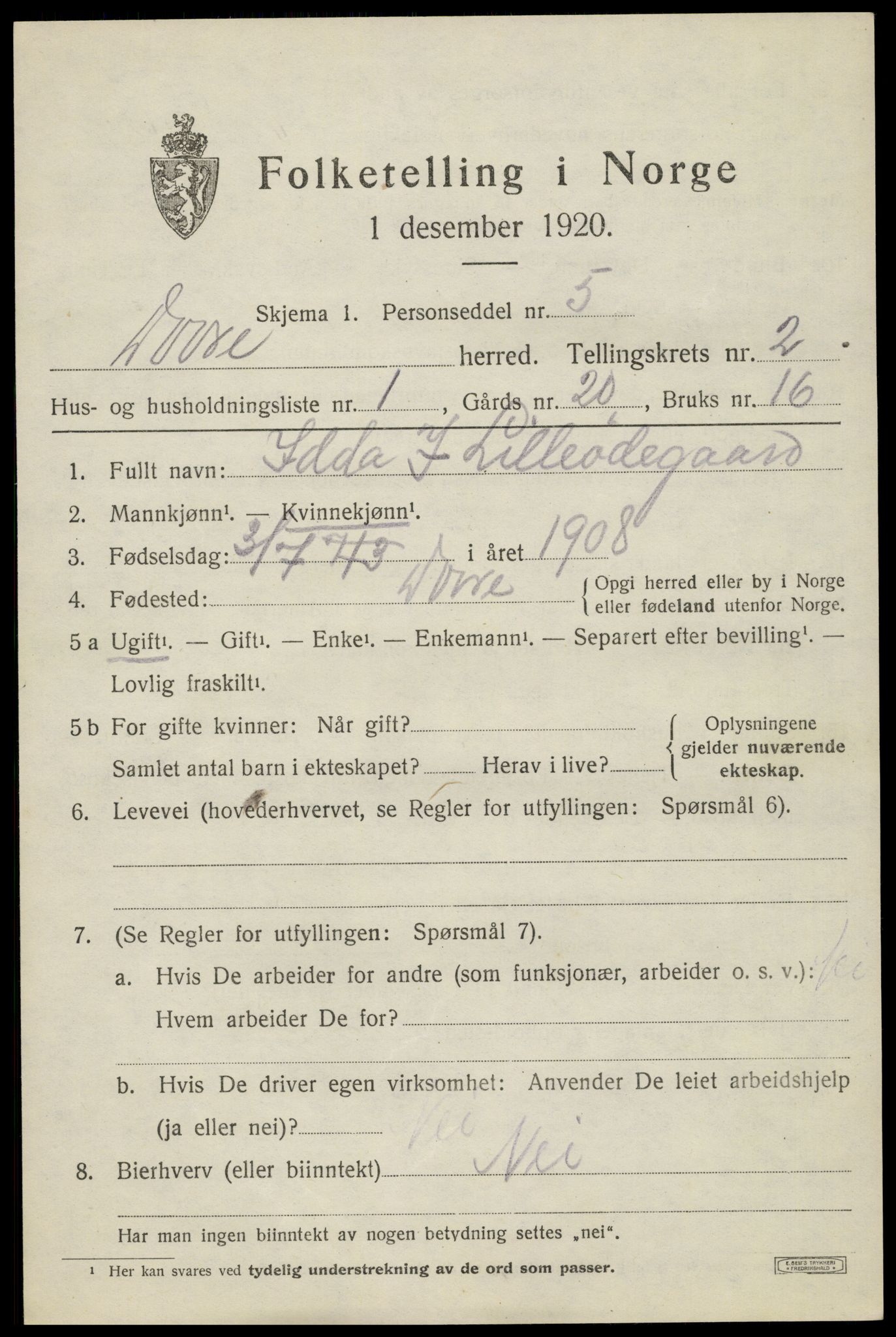 SAH, 1920 census for Dovre, 1920, p. 2410