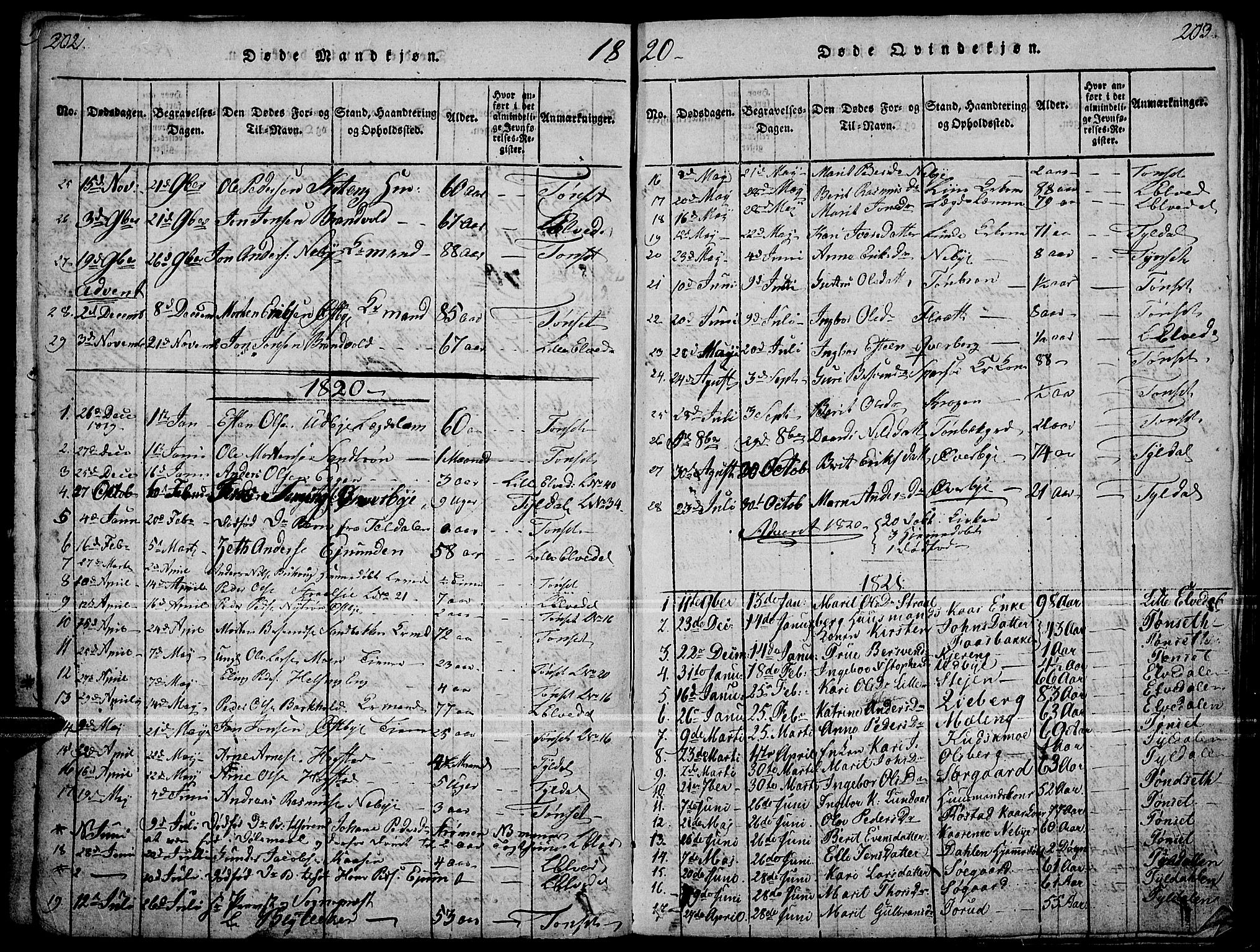 Tynset prestekontor, SAH/PREST-058/H/Ha/Haa/L0018: Parish register (official) no. 18, 1815-1829, p. 202-203