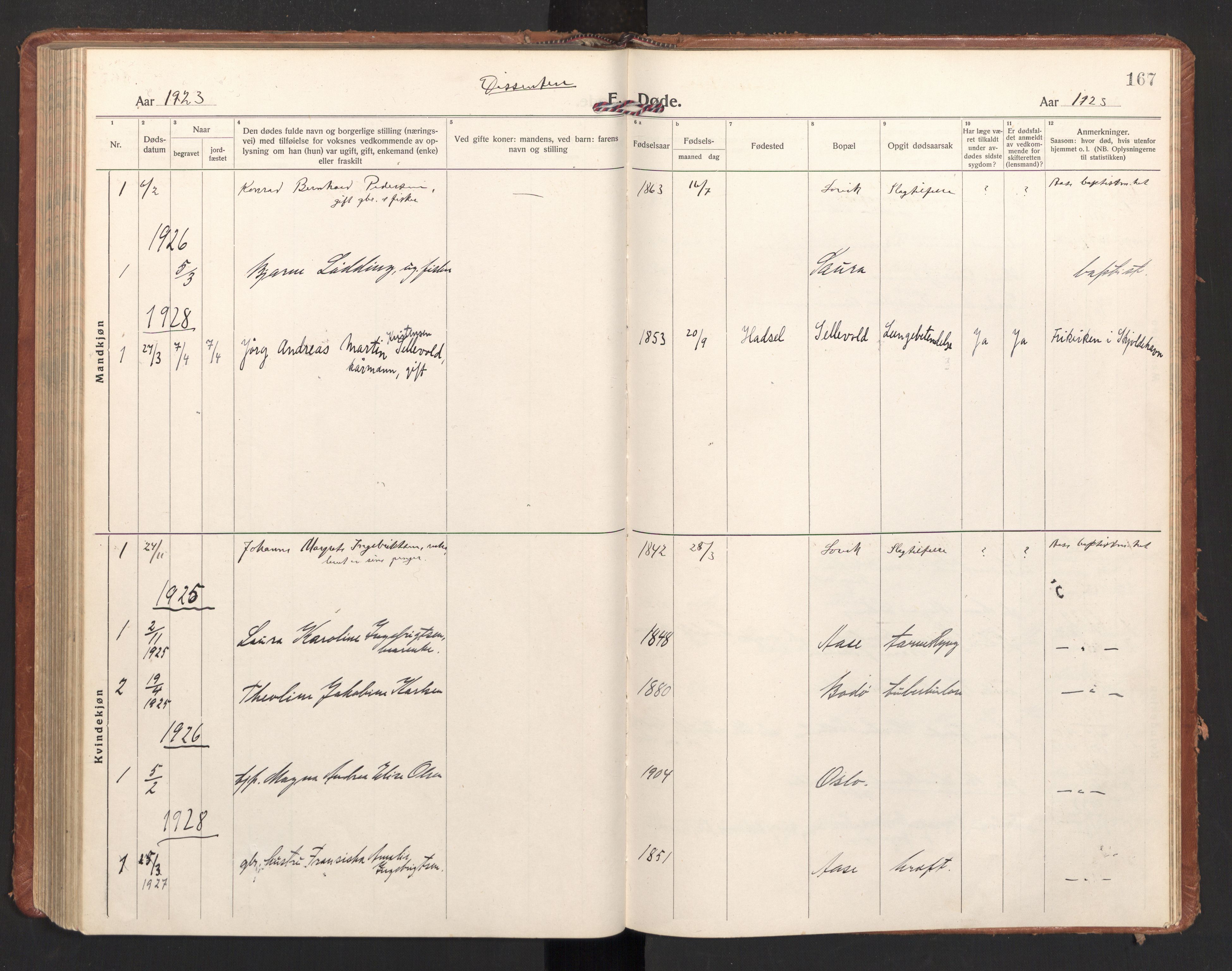 Ministerialprotokoller, klokkerbøker og fødselsregistre - Nordland, SAT/A-1459/897/L1408: Parish register (official) no. 897A15, 1922-1938, p. 167