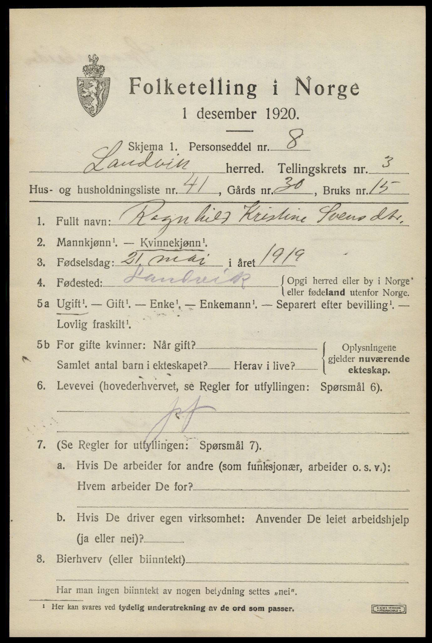 SAK, 1920 census for Landvik, 1920, p. 3304