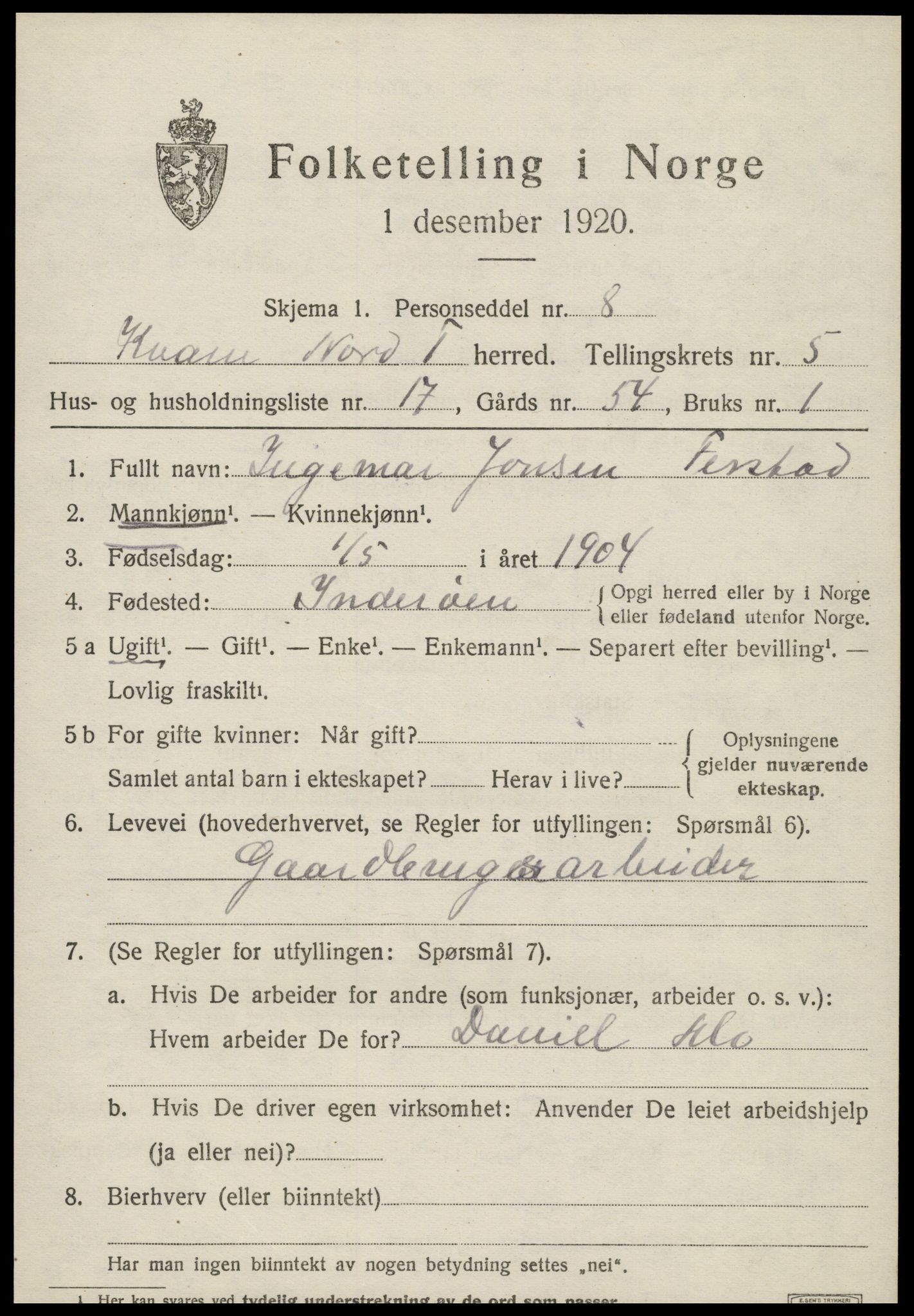 SAT, 1920 census for Kvam, 1920, p. 1579