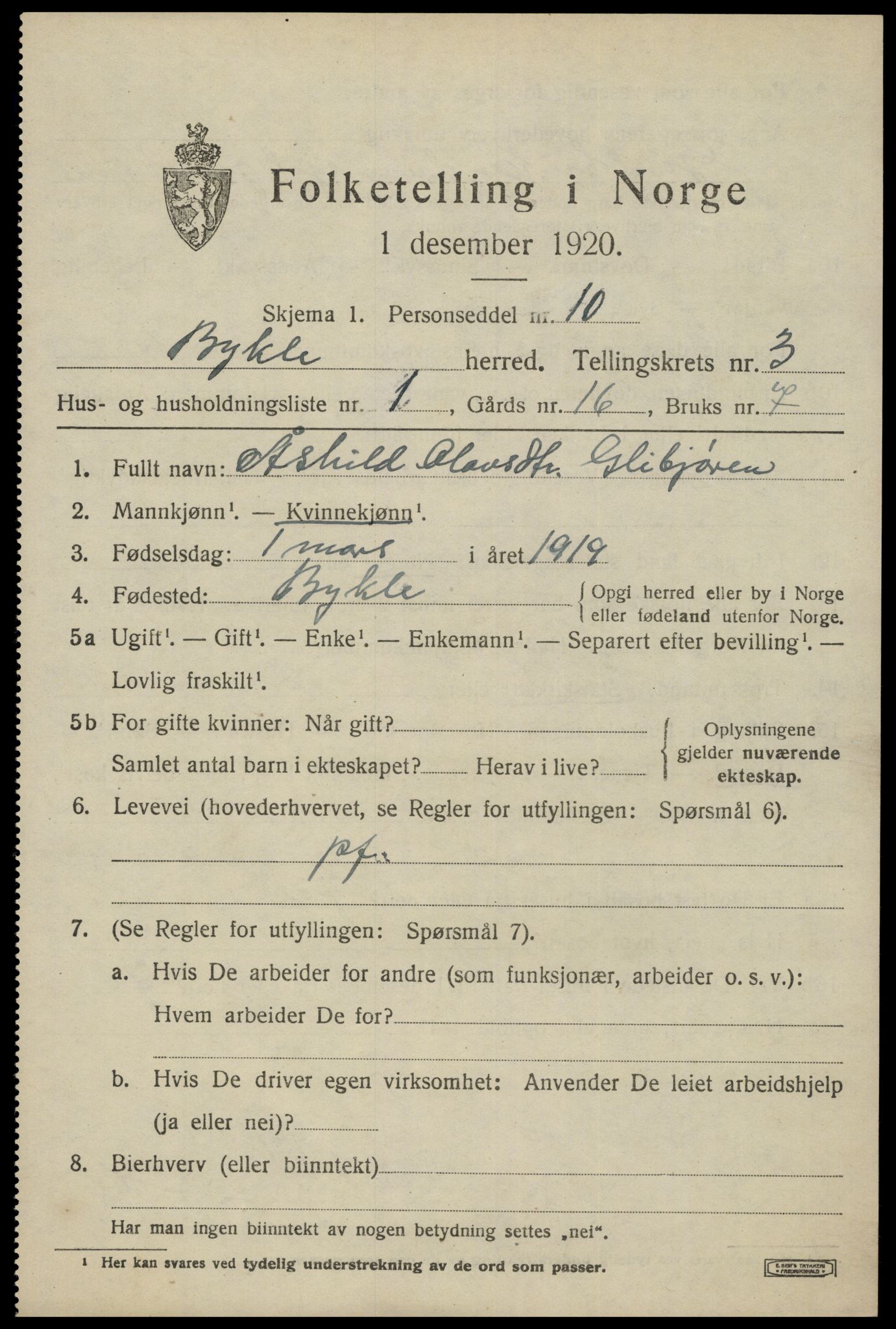 SAK, 1920 census for Bykle, 1920, p. 1041