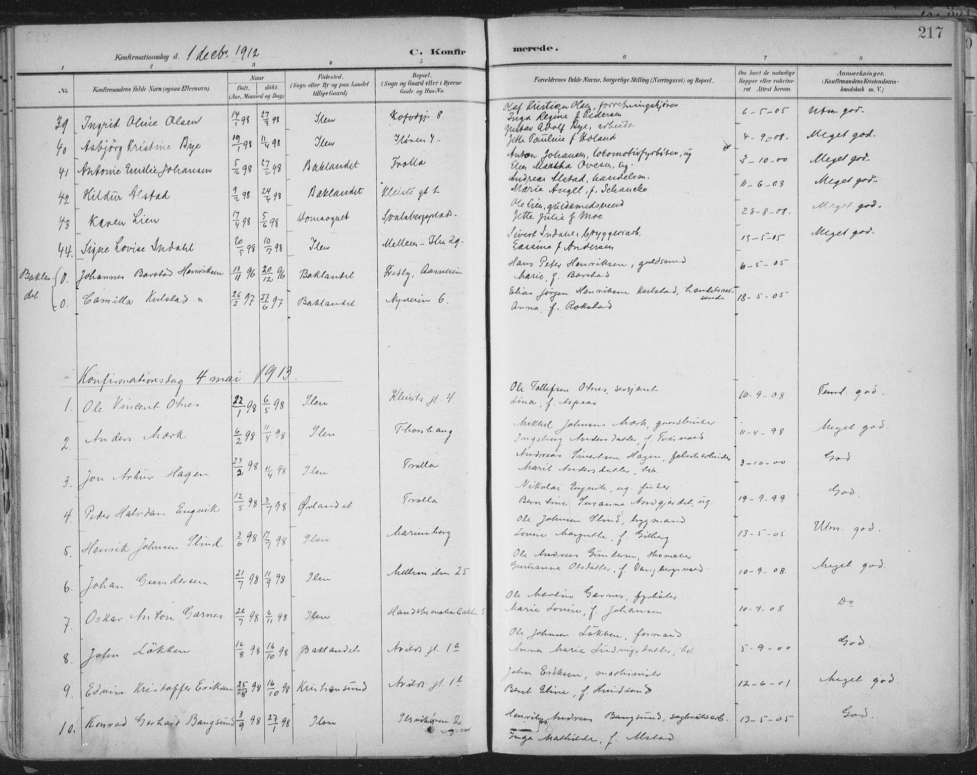 Ministerialprotokoller, klokkerbøker og fødselsregistre - Sør-Trøndelag, SAT/A-1456/603/L0167: Parish register (official) no. 603A06, 1896-1932, p. 217