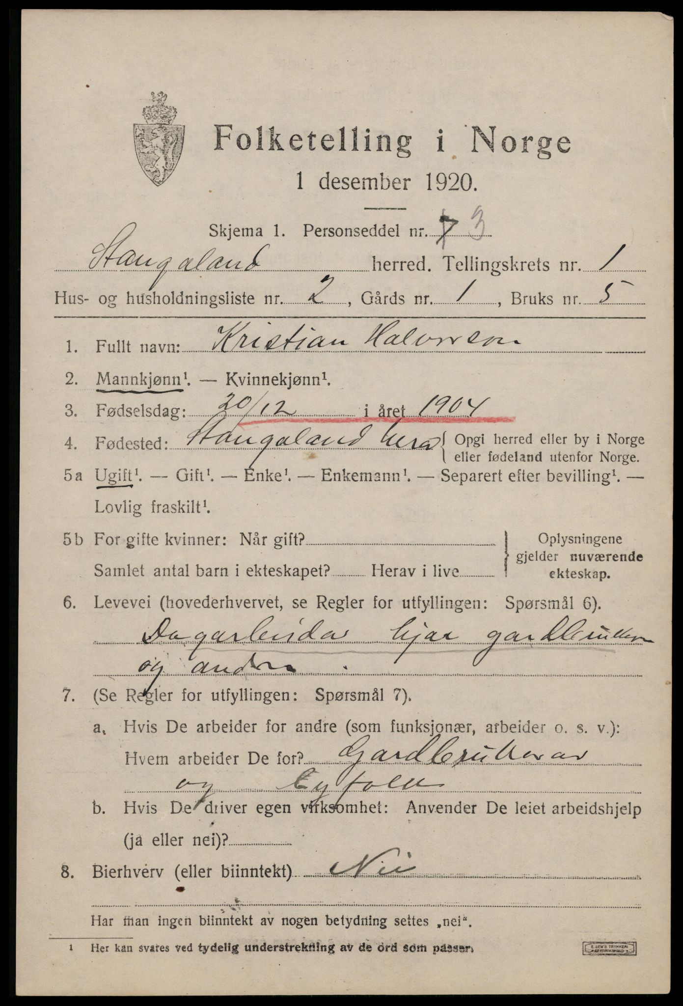 SAST, 1920 census for Stangaland, 1920, p. 595