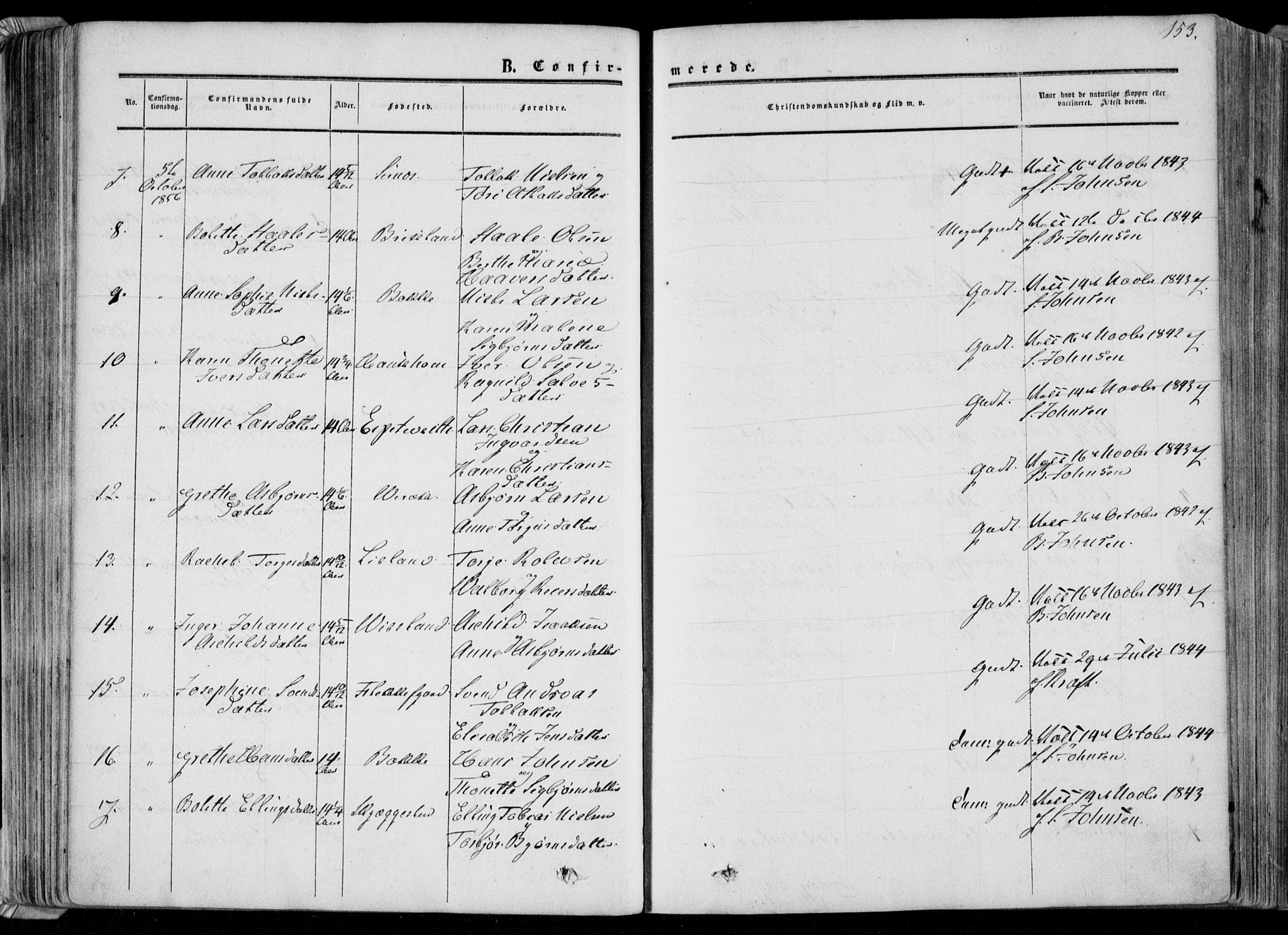 Bakke sokneprestkontor, AV/SAK-1111-0002/F/Fa/Faa/L0006: Parish register (official) no. A 6, 1855-1877, p. 153