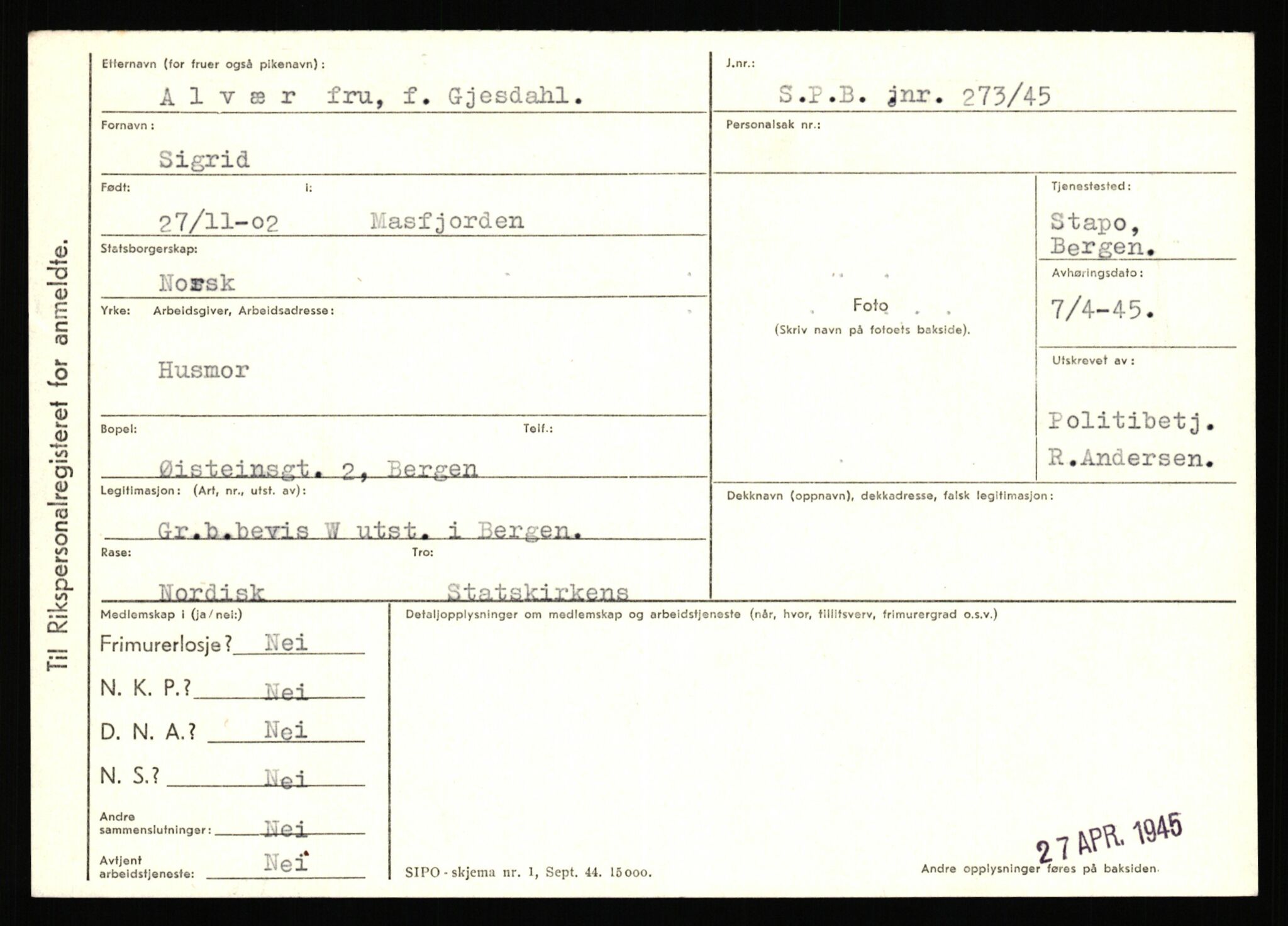 Statspolitiet - Hovedkontoret / Osloavdelingen, AV/RA-S-1329/C/Ca/L0001: Aabakken - Armann, 1943-1945, p. 1581