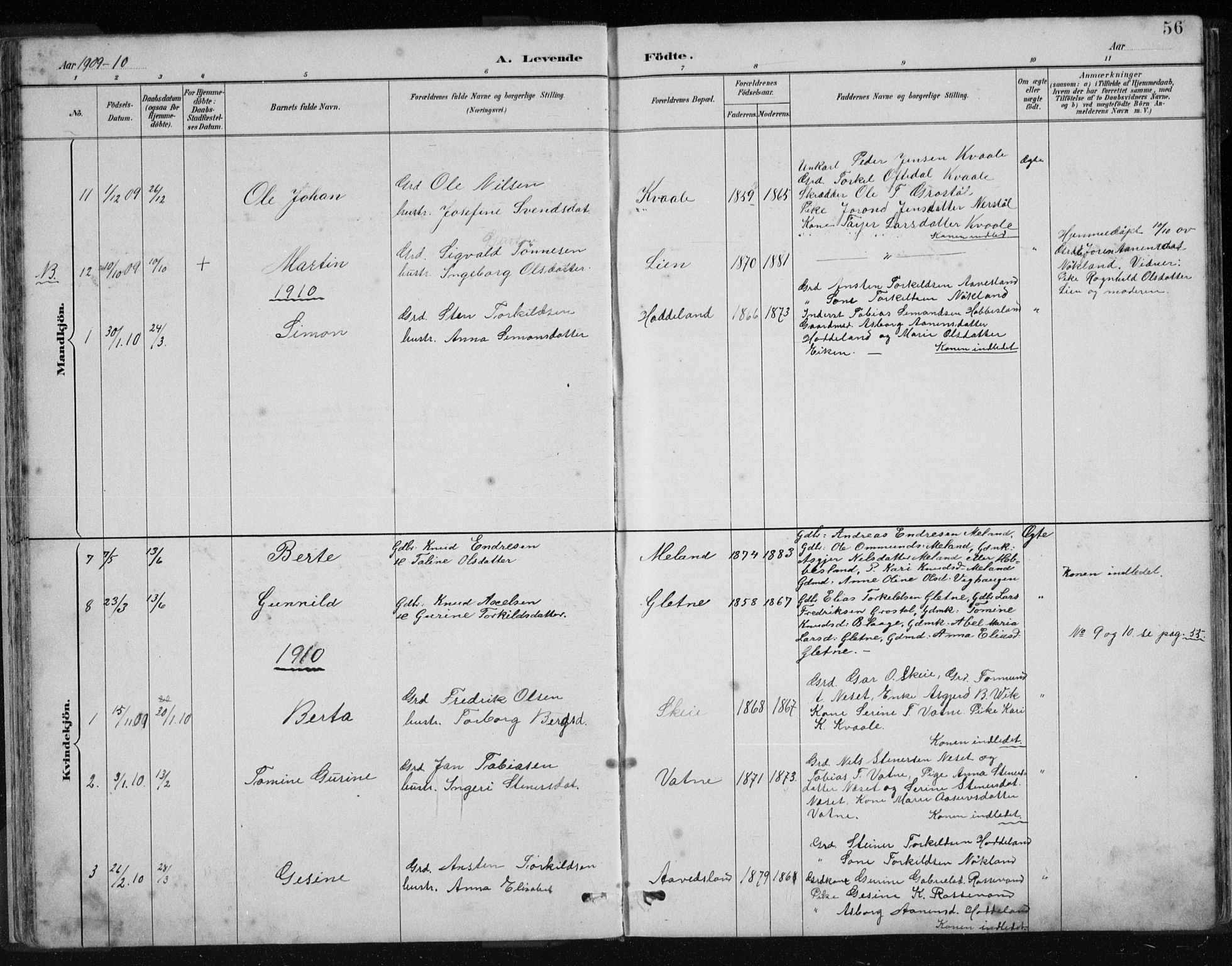 Hægebostad sokneprestkontor, AV/SAK-1111-0024/F/Fb/Fbb/L0003: Parish register (copy) no. B 3, 1887-1937, p. 56