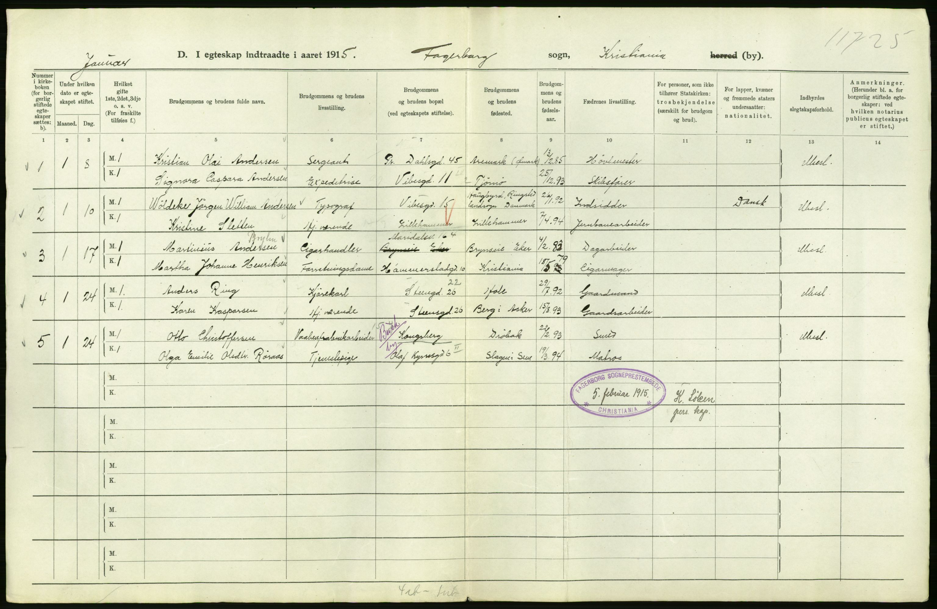 Statistisk sentralbyrå, Sosiodemografiske emner, Befolkning, RA/S-2228/D/Df/Dfb/Dfbe/L0008: Kristiania: Gifte., 1915, p. 342