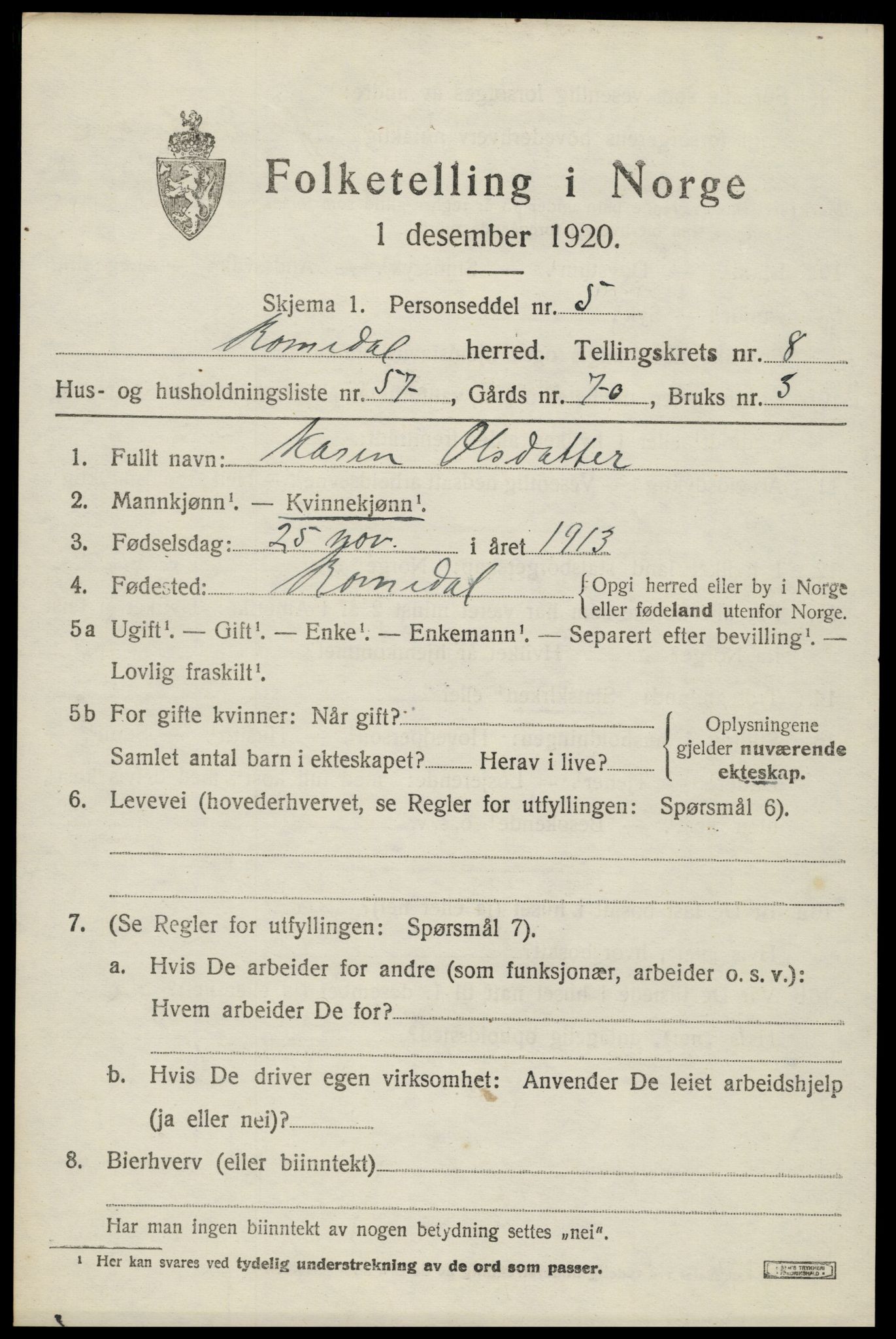 SAH, 1920 census for Romedal, 1920, p. 10349