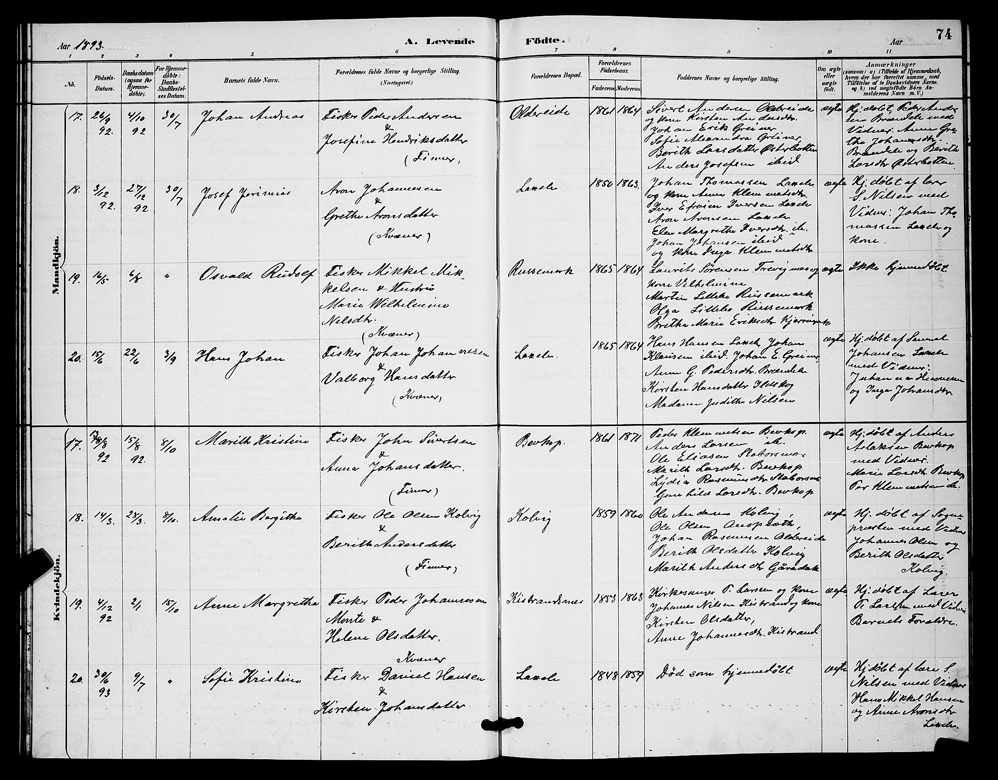 Kistrand/Porsanger sokneprestembete, AV/SATØ-S-1351/H/Hb/L0004.klokk: Parish register (copy) no. 4, 1885-1894, p. 74