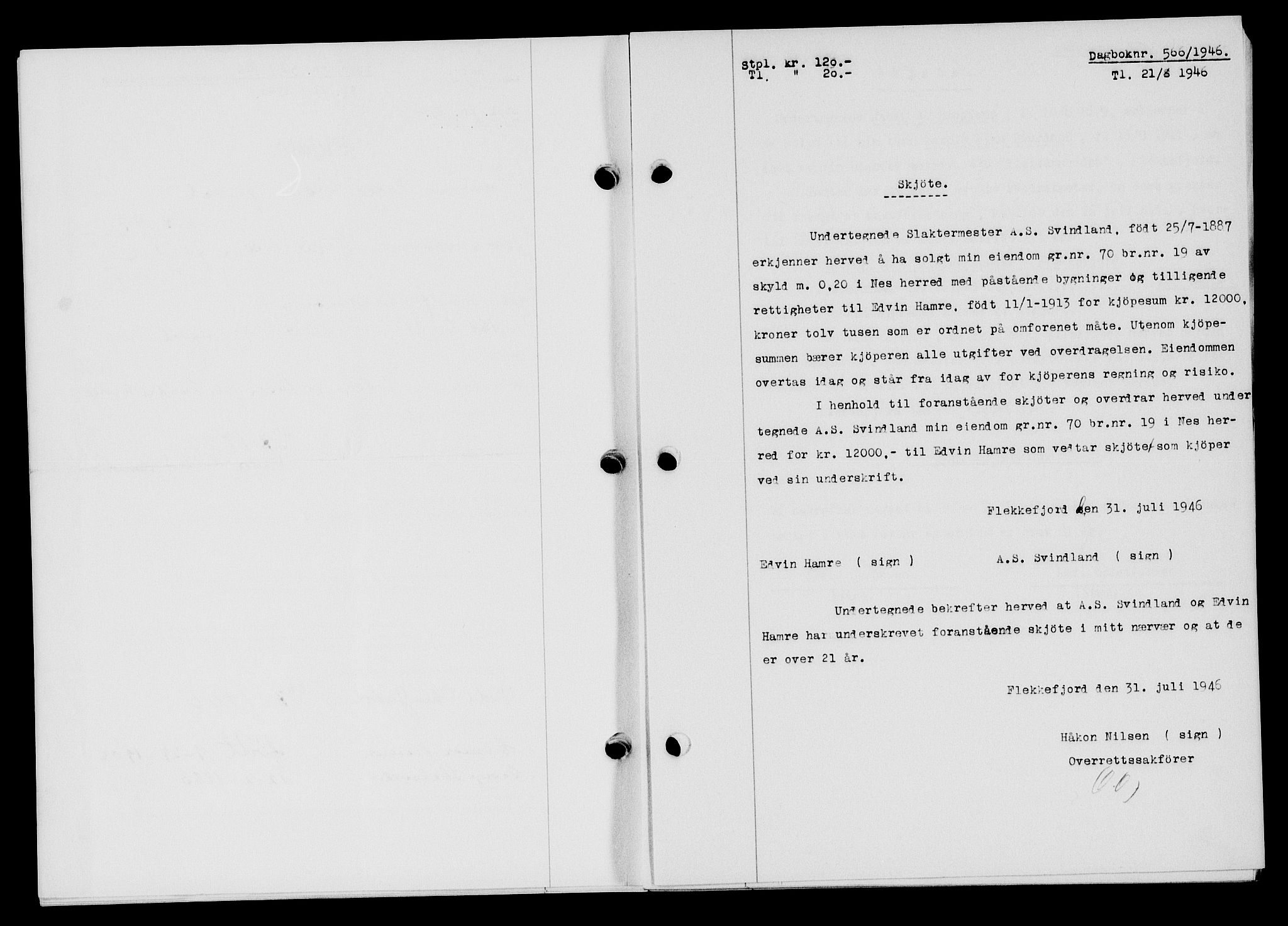 Flekkefjord sorenskriveri, SAK/1221-0001/G/Gb/Gba/L0060: Mortgage book no. A-8, 1945-1946, Diary no: : 566/1946